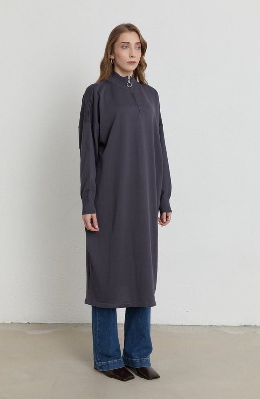 Fermuarlı Antrasit Maksi Merserize Triko Tunik - Fatma Atasoy