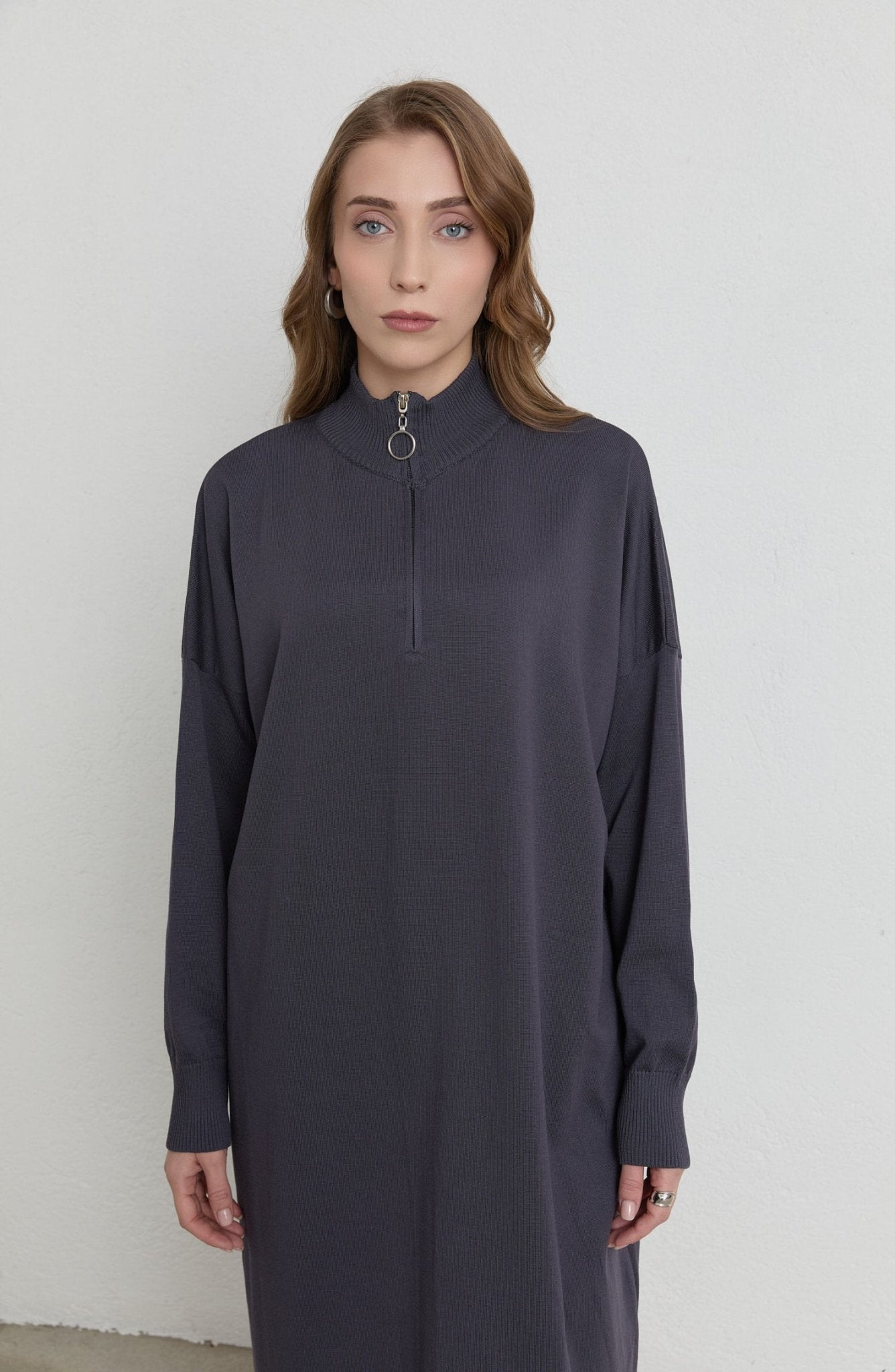 Fermuarlı Antrasit Maksi Merserize Triko Tunik - Fatma Atasoy