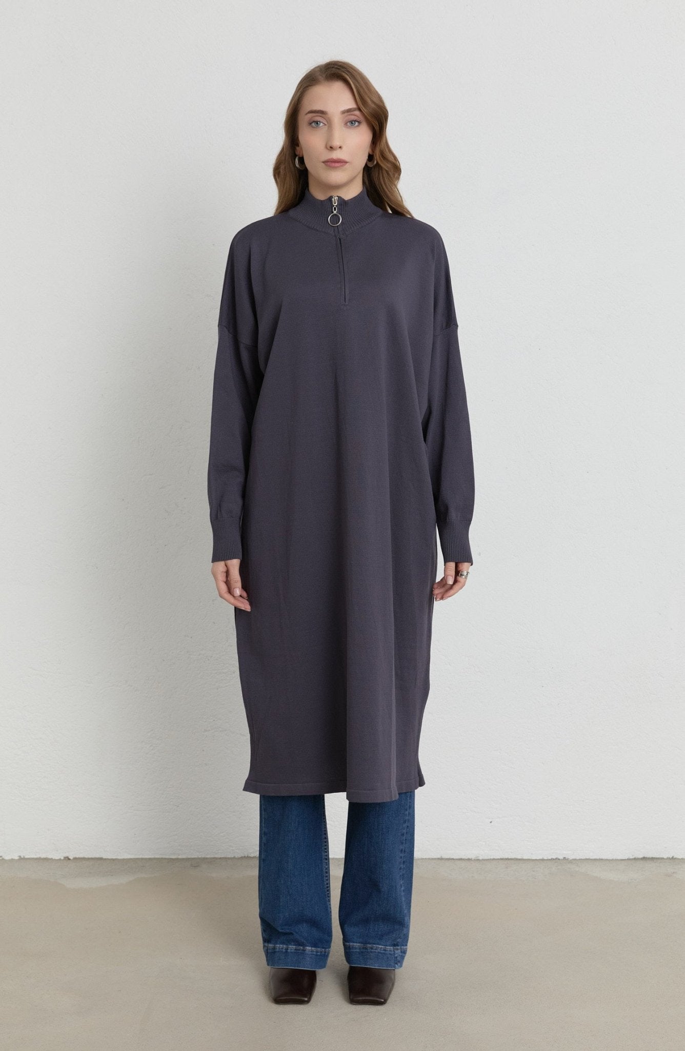 Fermuarlı Antrasit Maksi Merserize Triko Tunik - Fatma Atasoy