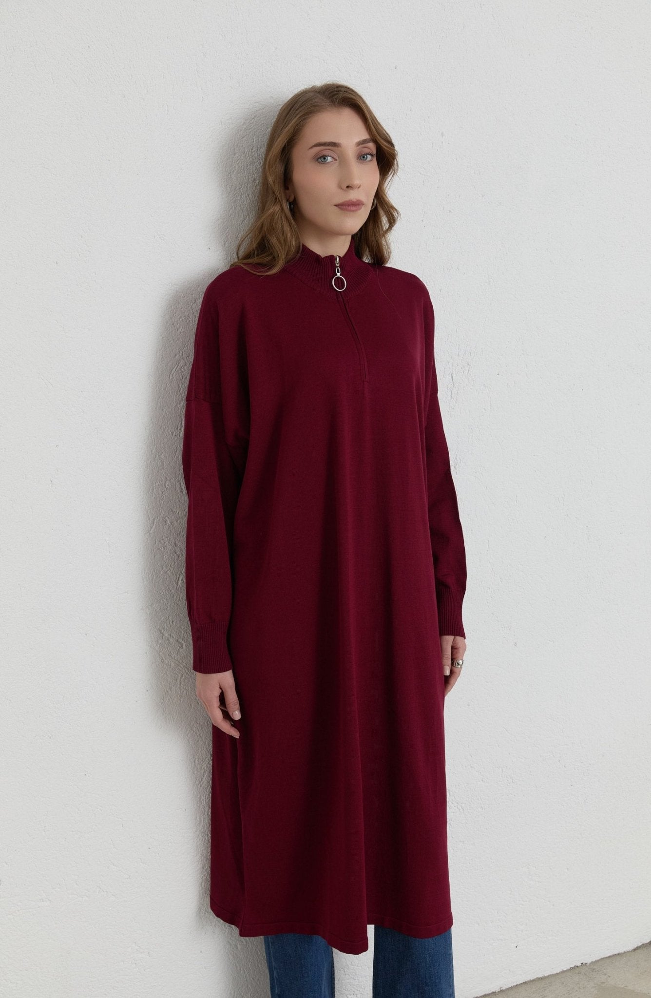 Fermuarlı Bordo Maksi Merserize Triko Tunik - Fatma Atasoy