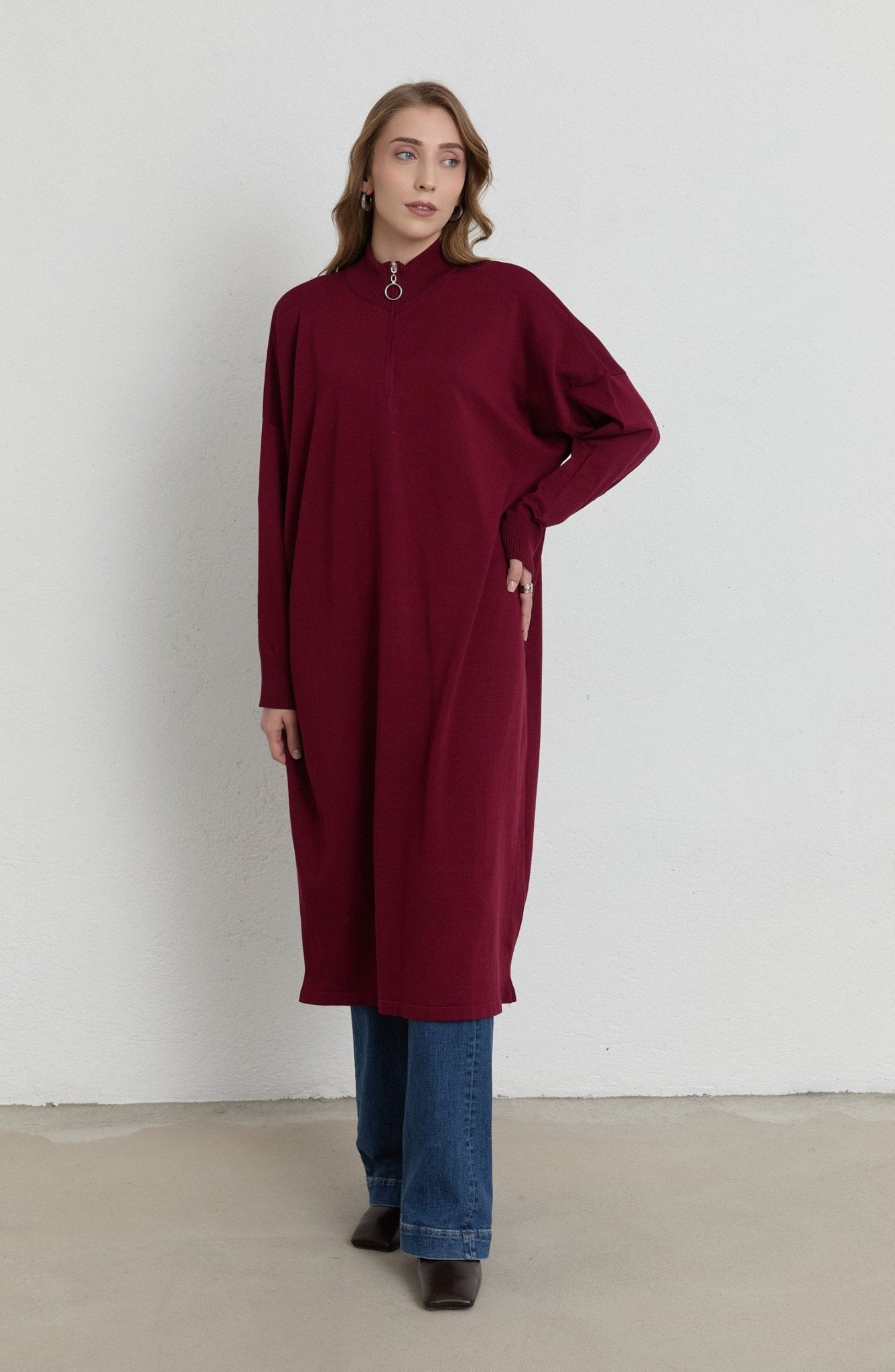 Fermuarlı Bordo Maksi Merserize Triko Tunik - Fatma Atasoy
