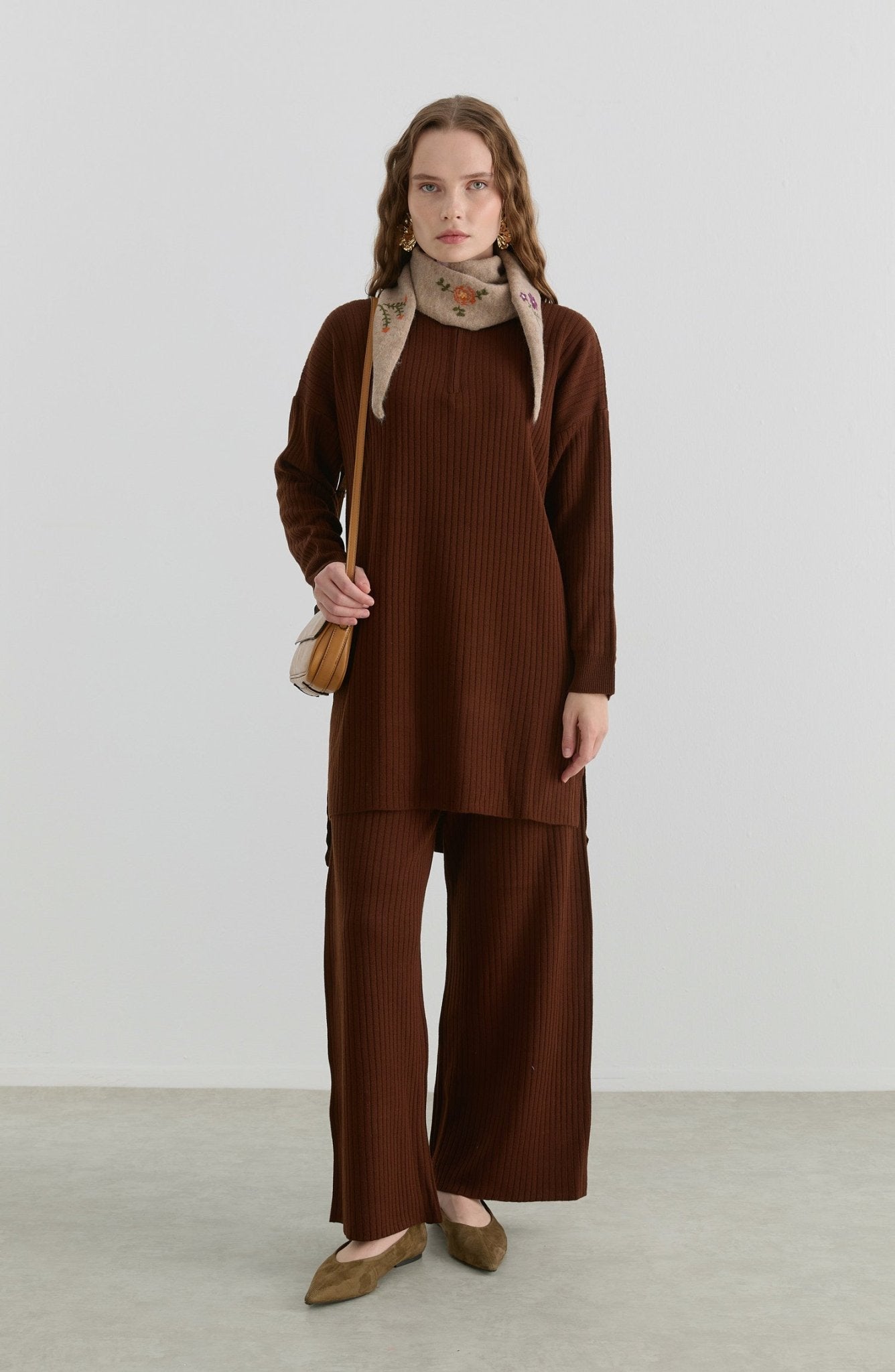 Fermuarlı Fitilli Acı Kahve Triko İkili Takım - Fatma Atasoy