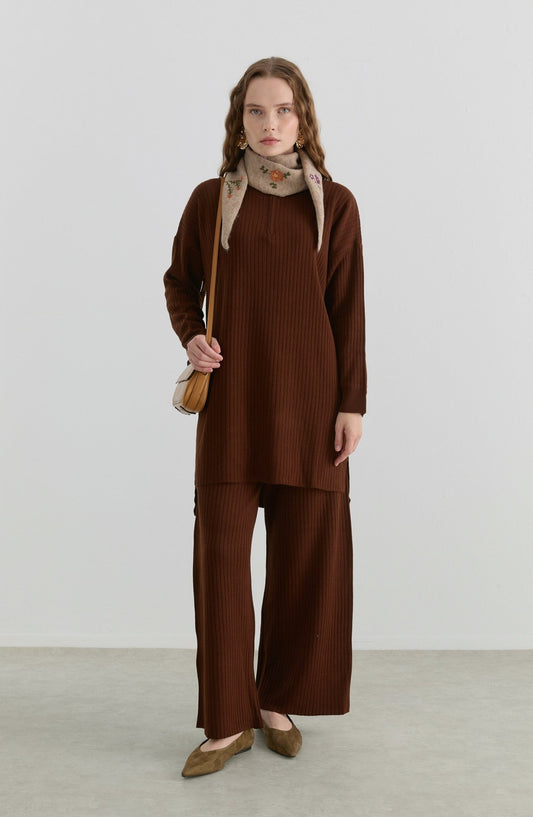 Fermuarlı Fitilli Acı Kahve Triko İkili Takım - Fatma Atasoy