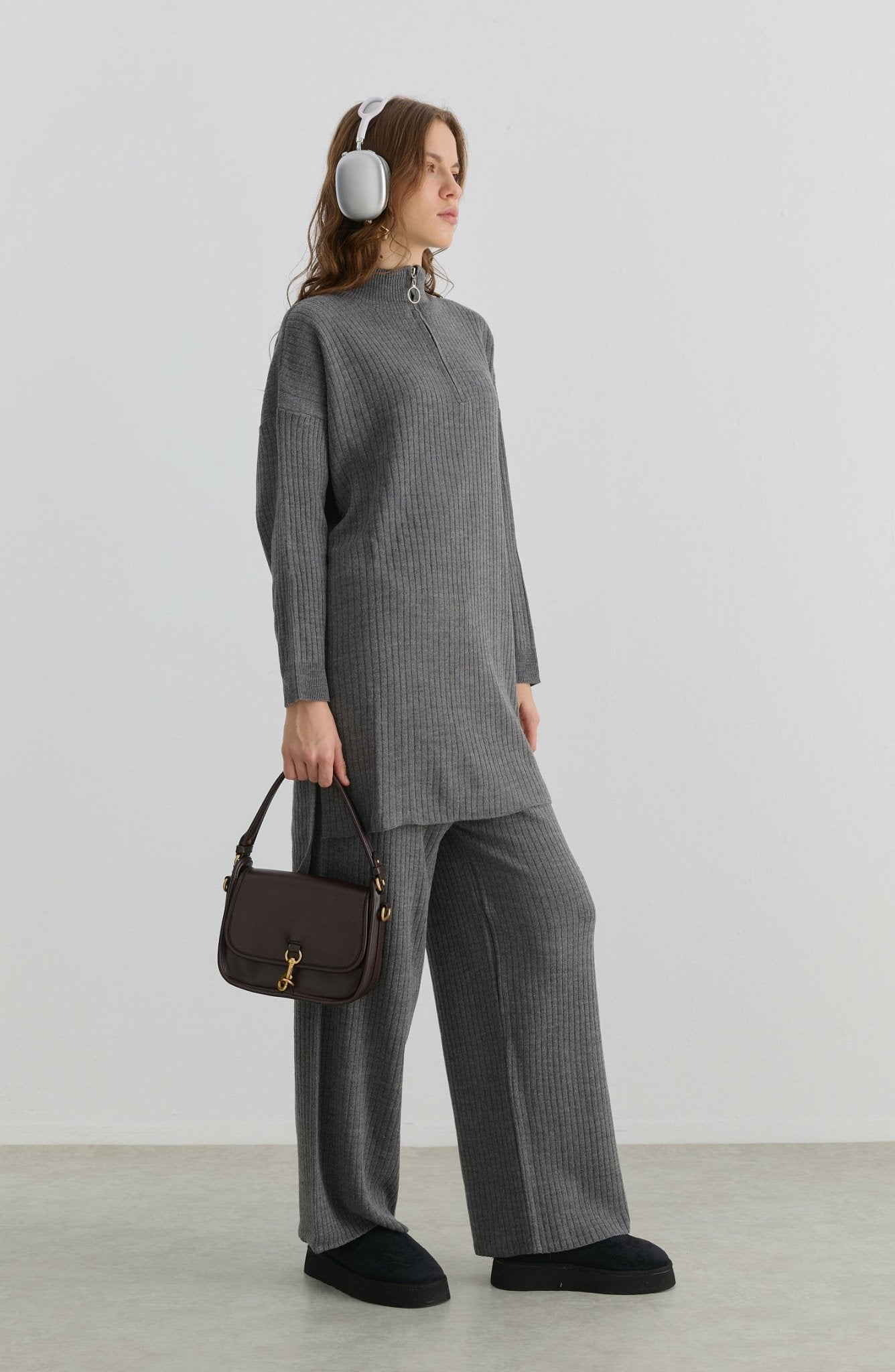 Fermuarlı Fitilli Gri Triko İkili Takım - Fatma Atasoy