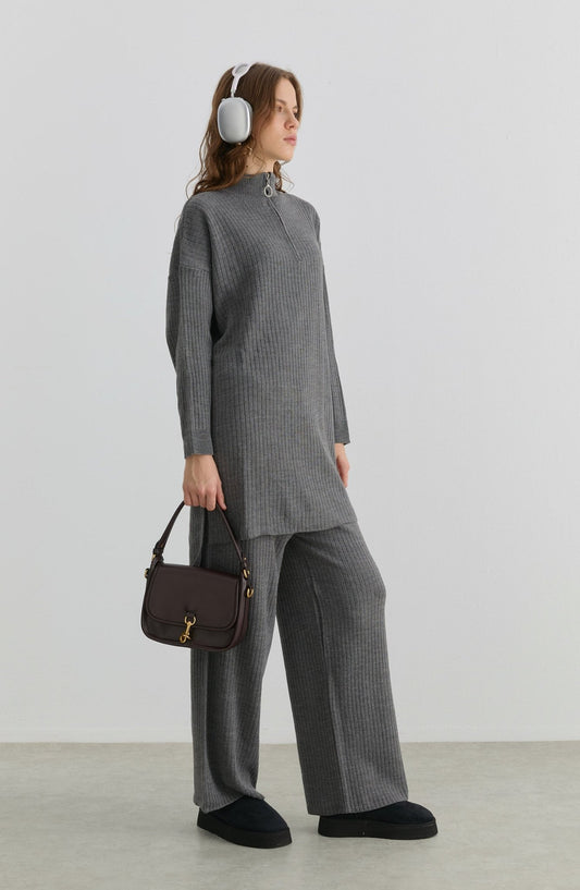 Fermuarlı Fitilli Gri Triko İkili Takım - Fatma Atasoy