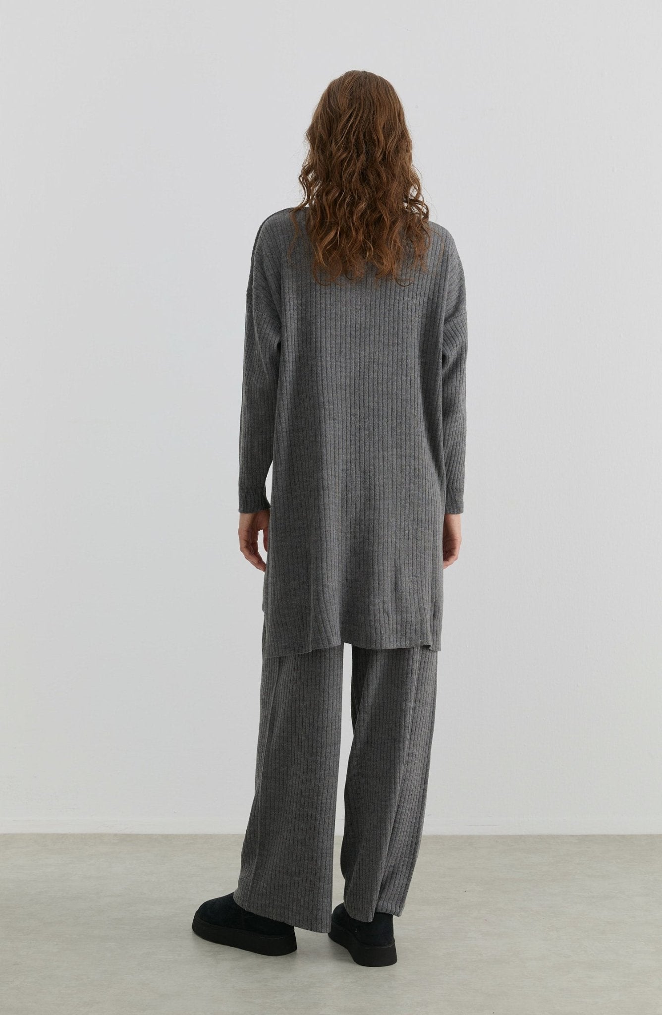 Fermuarlı Fitilli Gri Triko İkili Takım - Fatma Atasoy