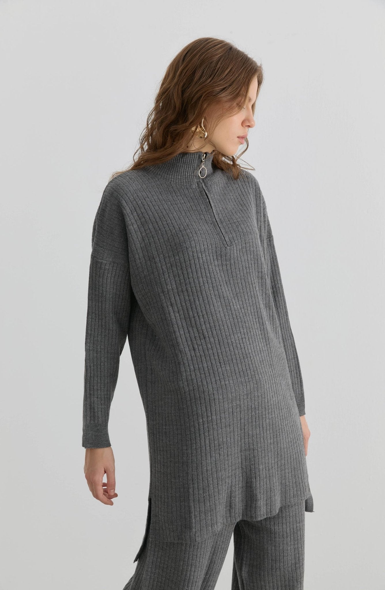 Fermuarlı Fitilli Gri Triko İkili Takım - Fatma Atasoy