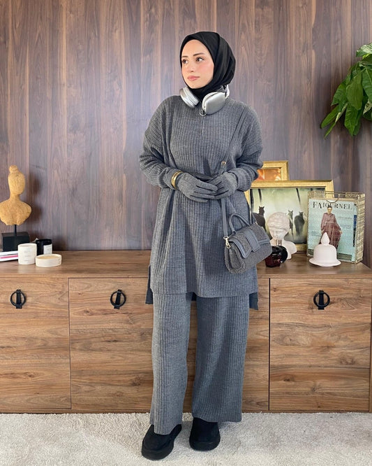 Fermuarlı Fitilli Gri Triko İkili Takım - Fatma Atasoy