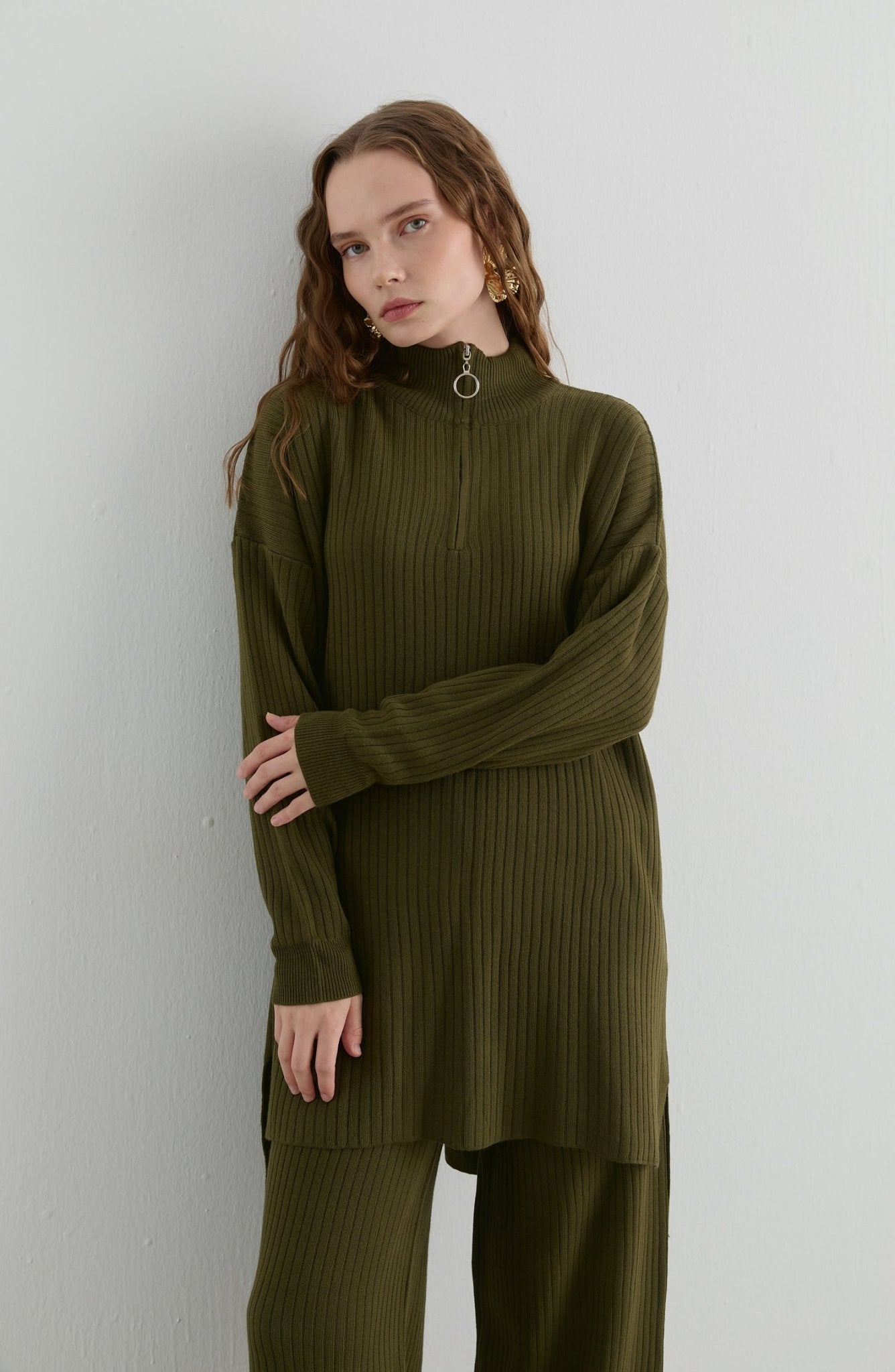 Fermuarlı Fitilli Haki Triko İkili Takım - Fatma Atasoy