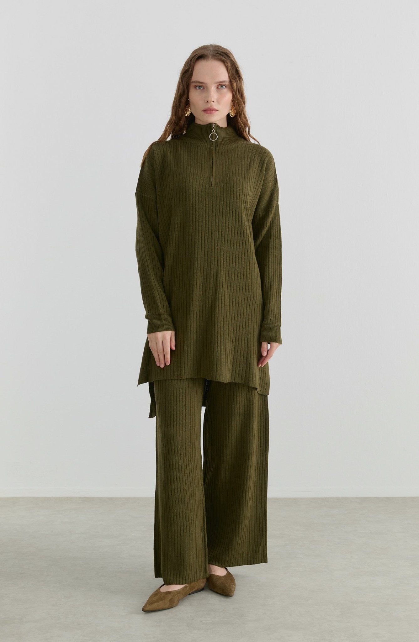 Fermuarlı Fitilli Haki Triko İkili Takım - Fatma Atasoy