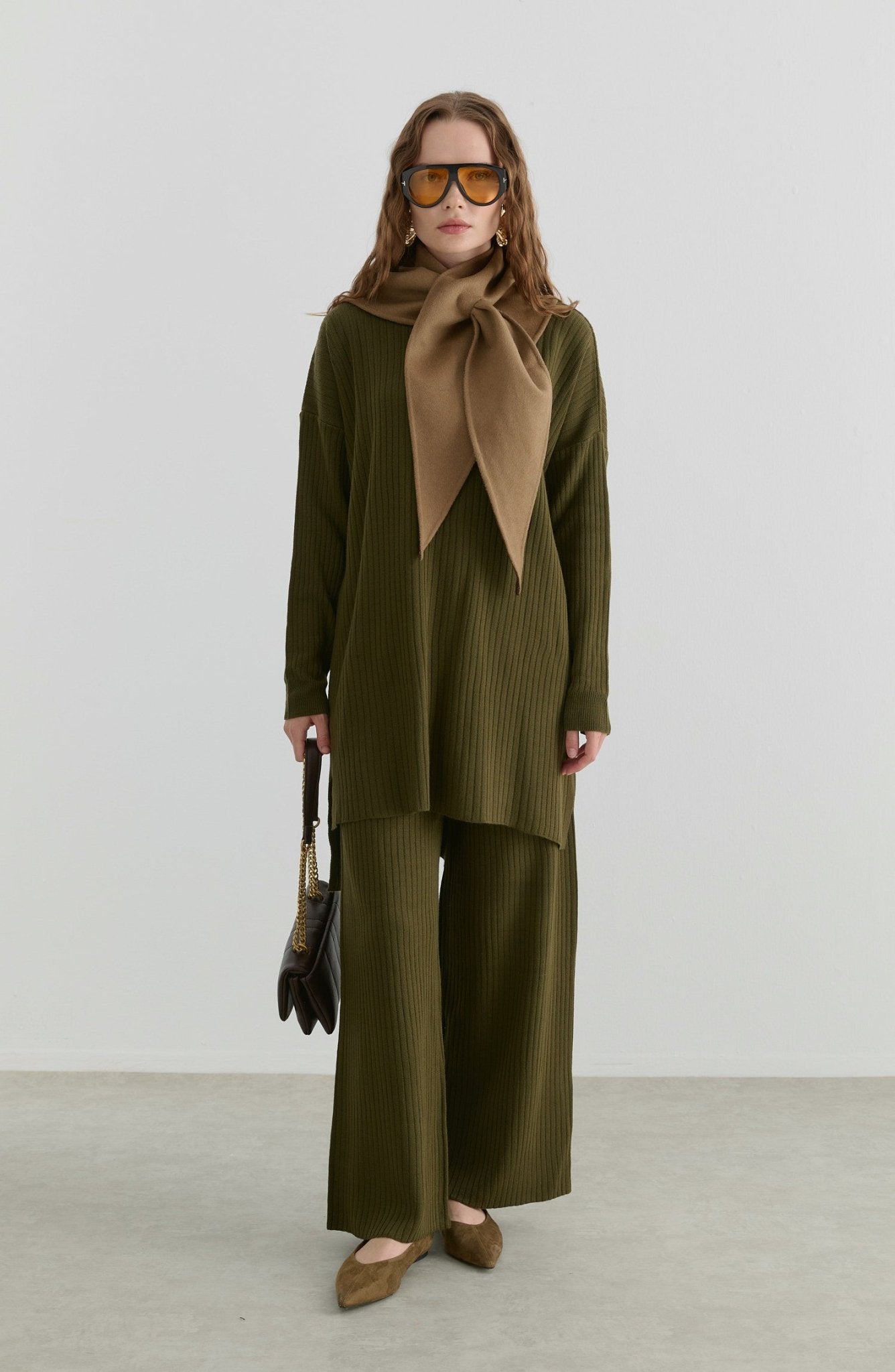 Fermuarlı Fitilli Haki Triko İkili Takım - Fatma Atasoy