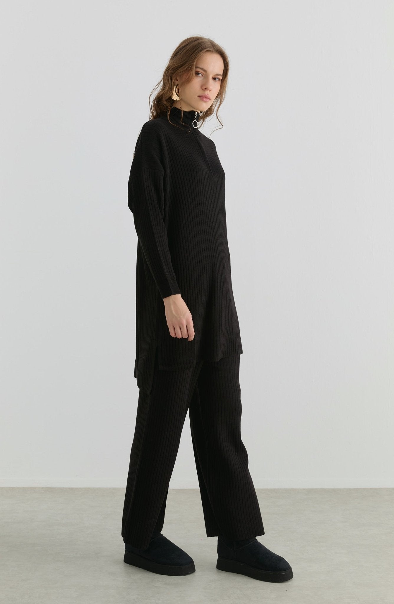 Fermuarlı Fitilli Siyah Triko İkili Takım - Fatma Atasoy