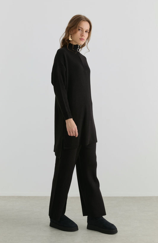 Fermuarlı Fitilli Siyah Triko İkili Takım - Fatma Atasoy