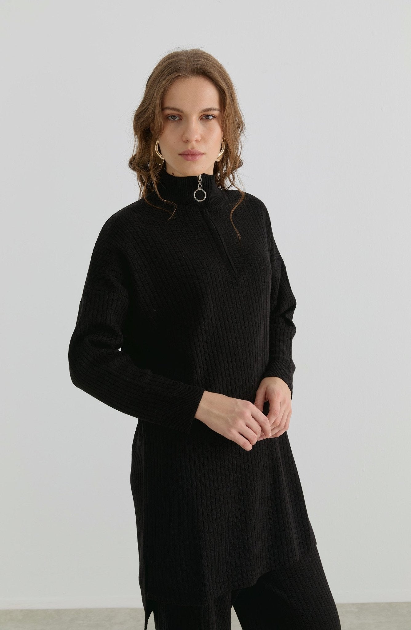 Fermuarlı Fitilli Siyah Triko İkili Takım - Fatma Atasoy