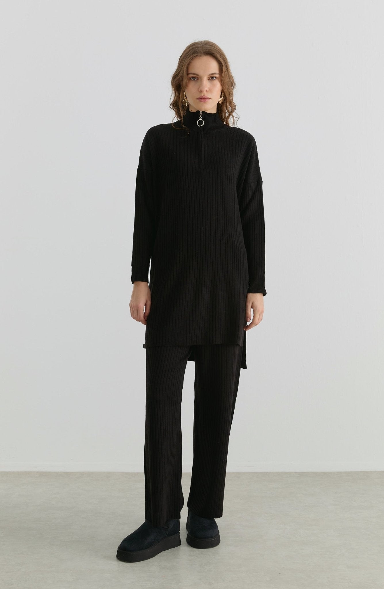 Fermuarlı Fitilli Siyah Triko İkili Takım - Fatma Atasoy