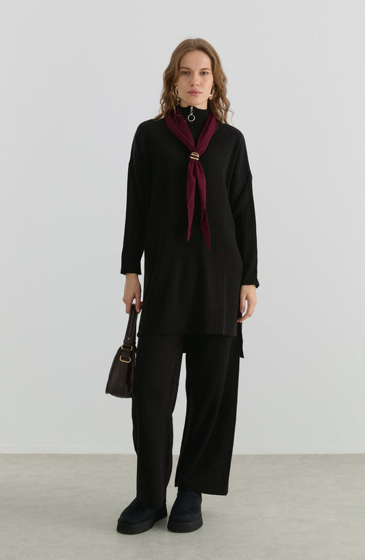 Fermuarlı Fitilli Siyah Triko İkili Takım - Fatma Atasoy