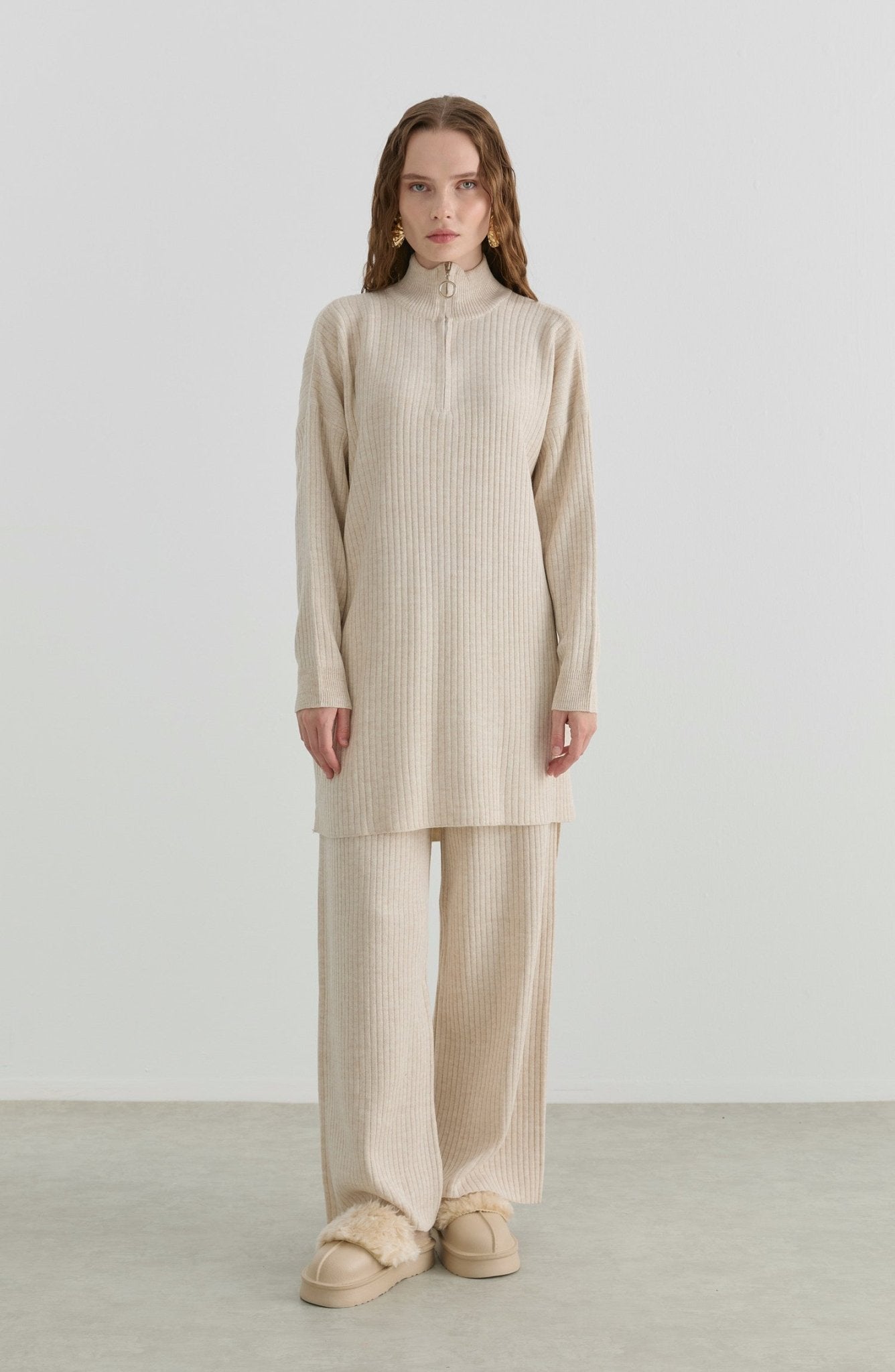 Fermuarlı Fitilli Taş Triko İkili Takım - Fatma Atasoy