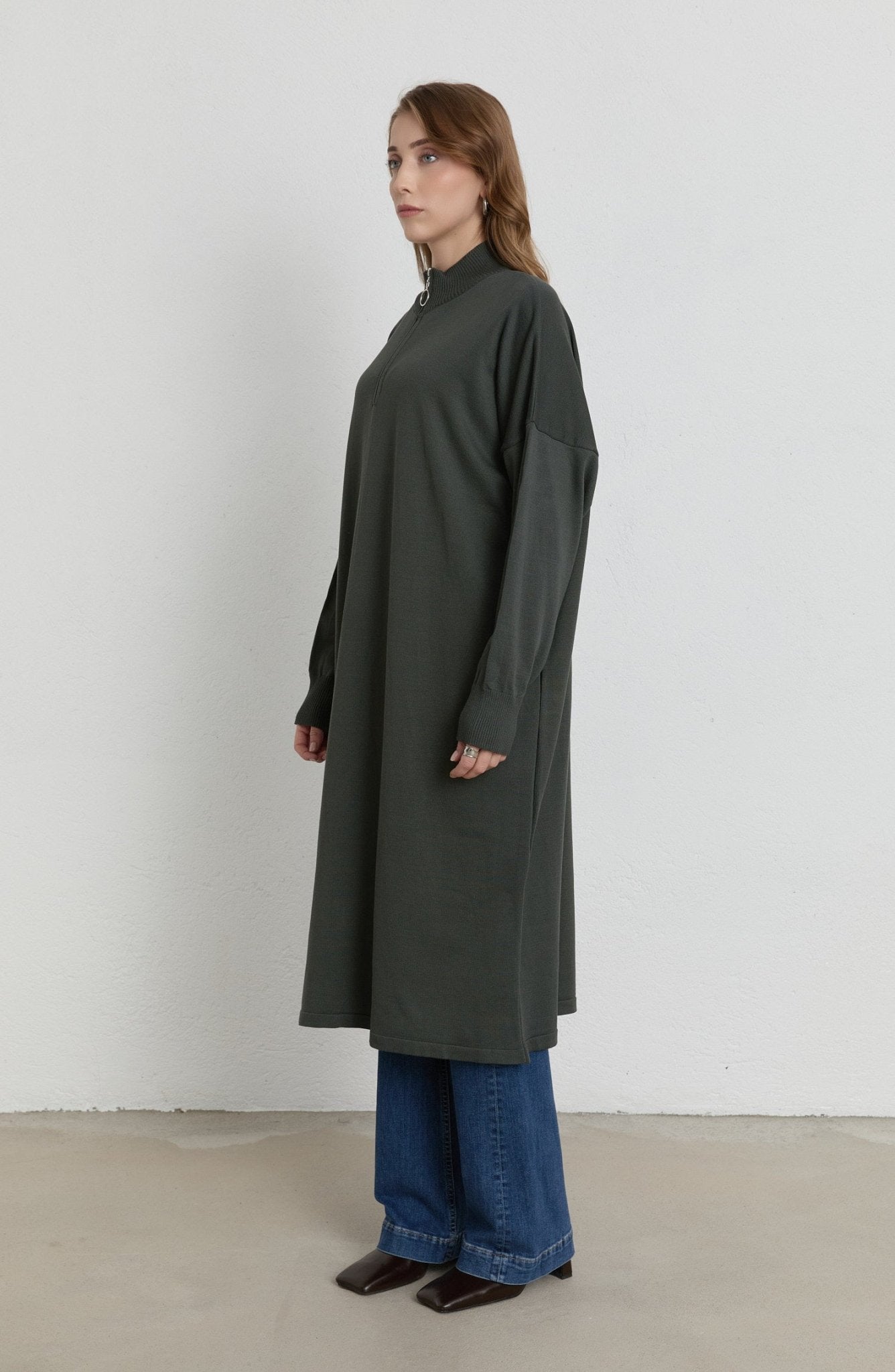 Fermuarlı Haki Maksi Merserize Triko Tunik - Fatma Atasoy