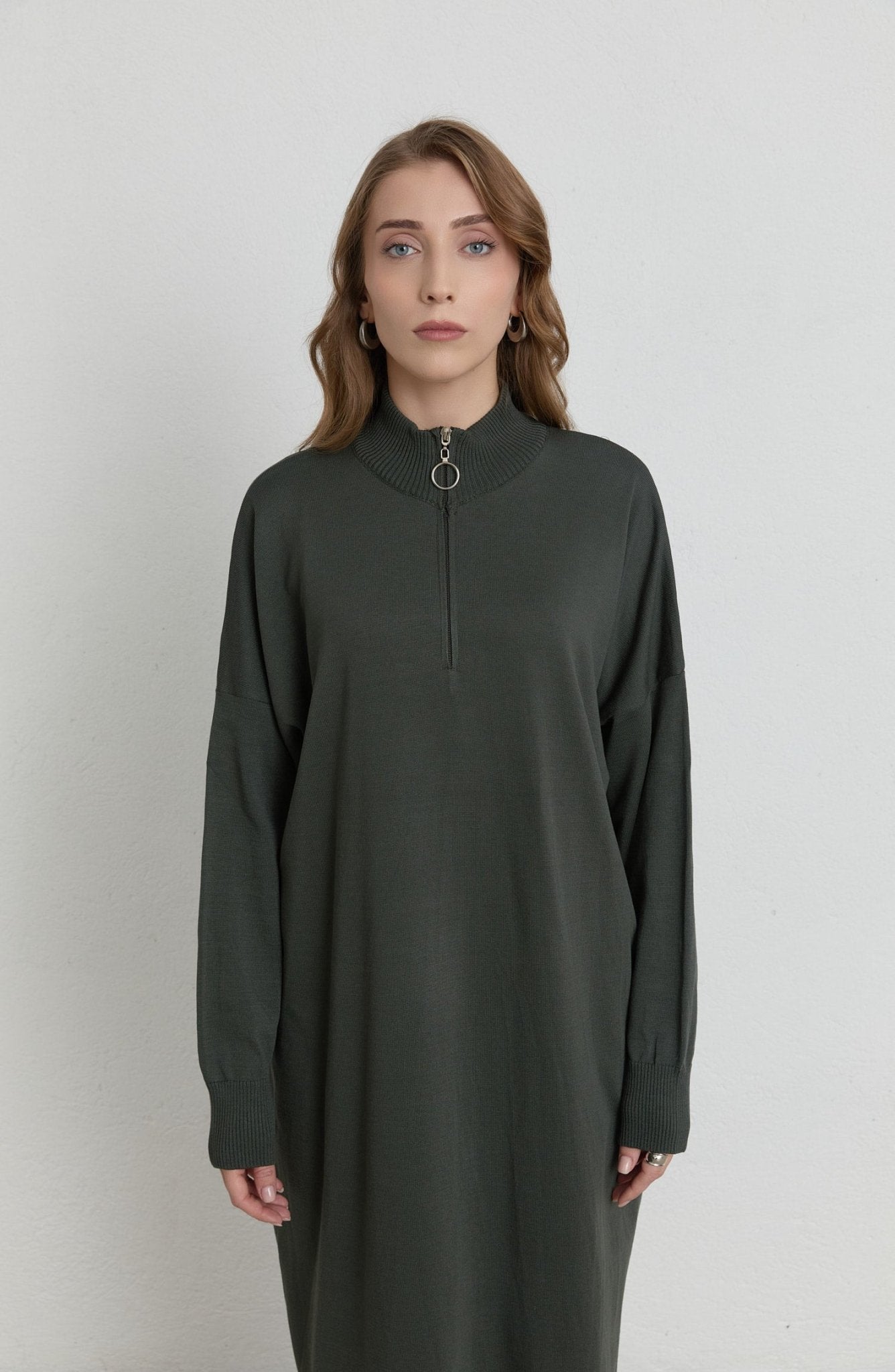 Fermuarlı Haki Maksi Merserize Triko Tunik - Fatma Atasoy