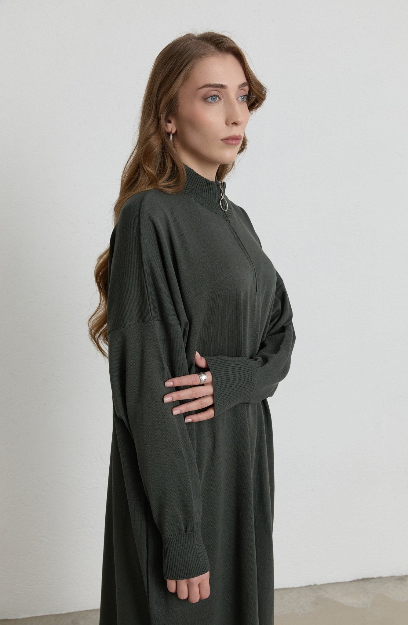 Fermuarlı Haki Maksi Merserize Triko Tunik - Fatma Atasoy