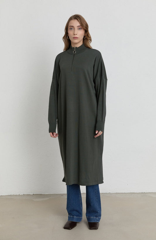 Fermuarlı Haki Maksi Merserize Triko Tunik - Fatma Atasoy