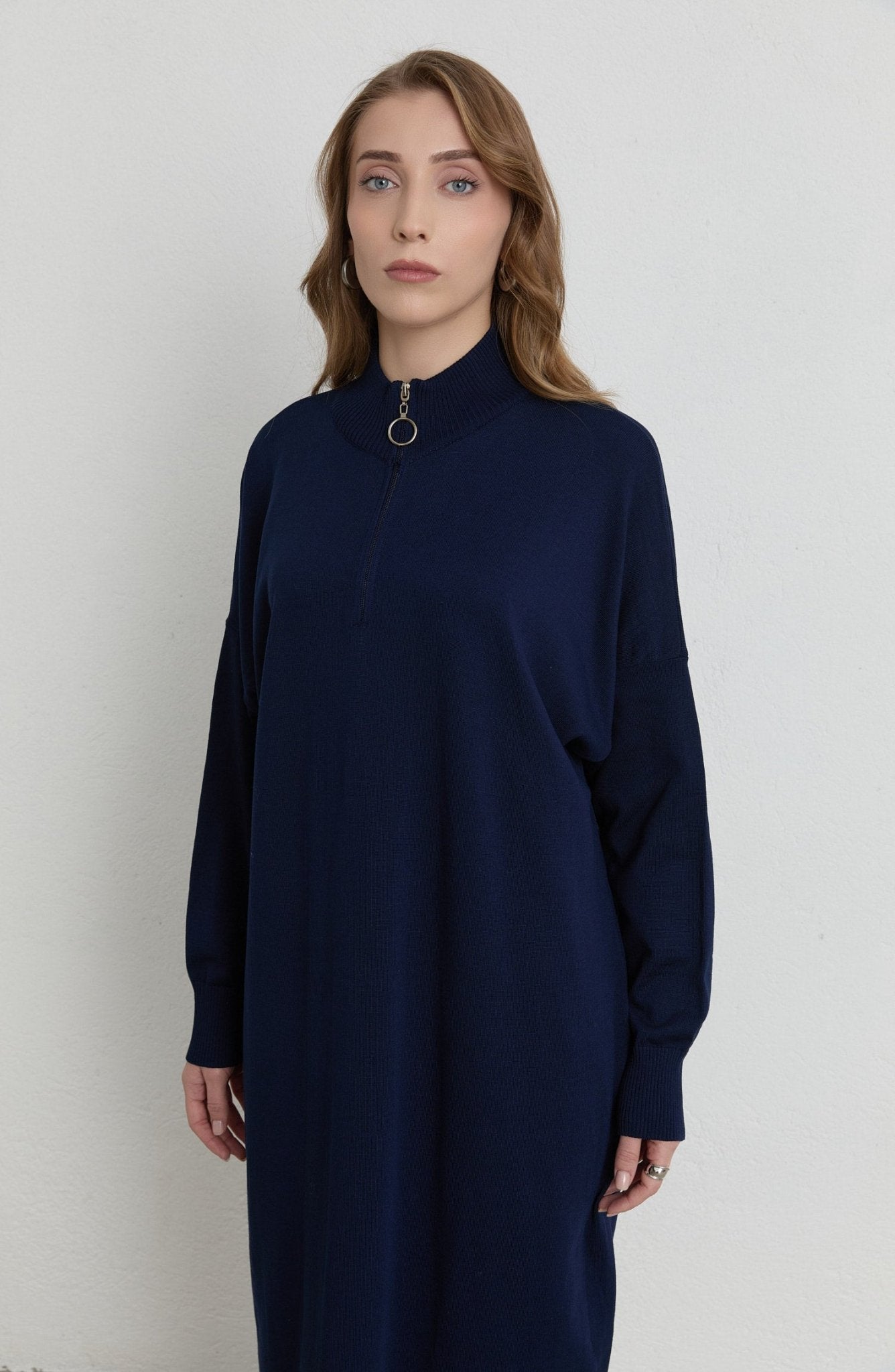 Fermuarlı Lacivert Maksi Merserize Triko Tunik - Fatma Atasoy