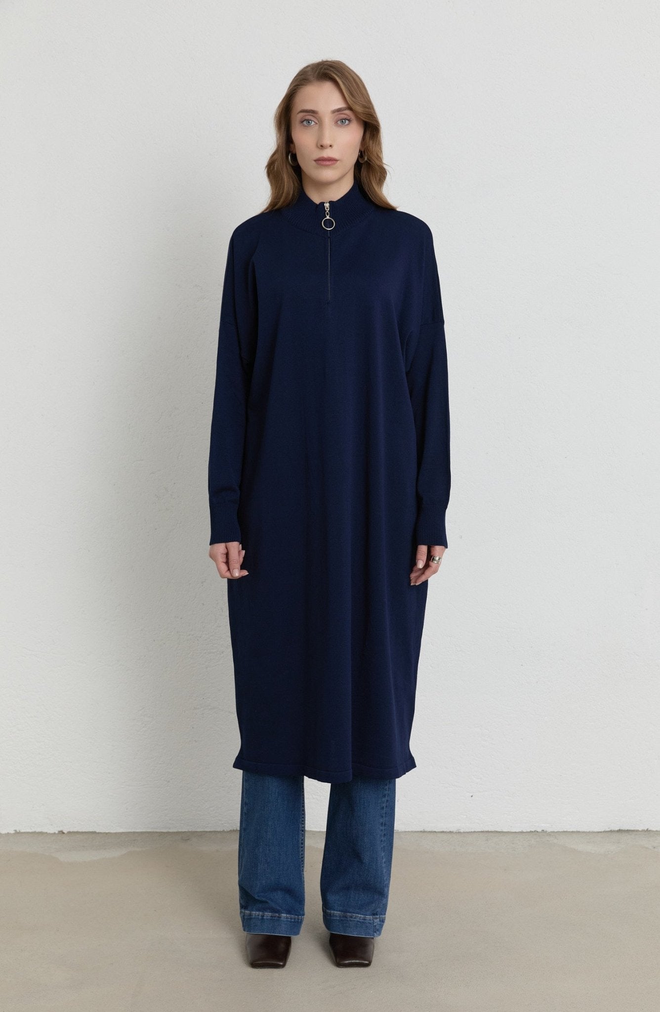 Fermuarlı Lacivert Maksi Merserize Triko Tunik - Fatma Atasoy