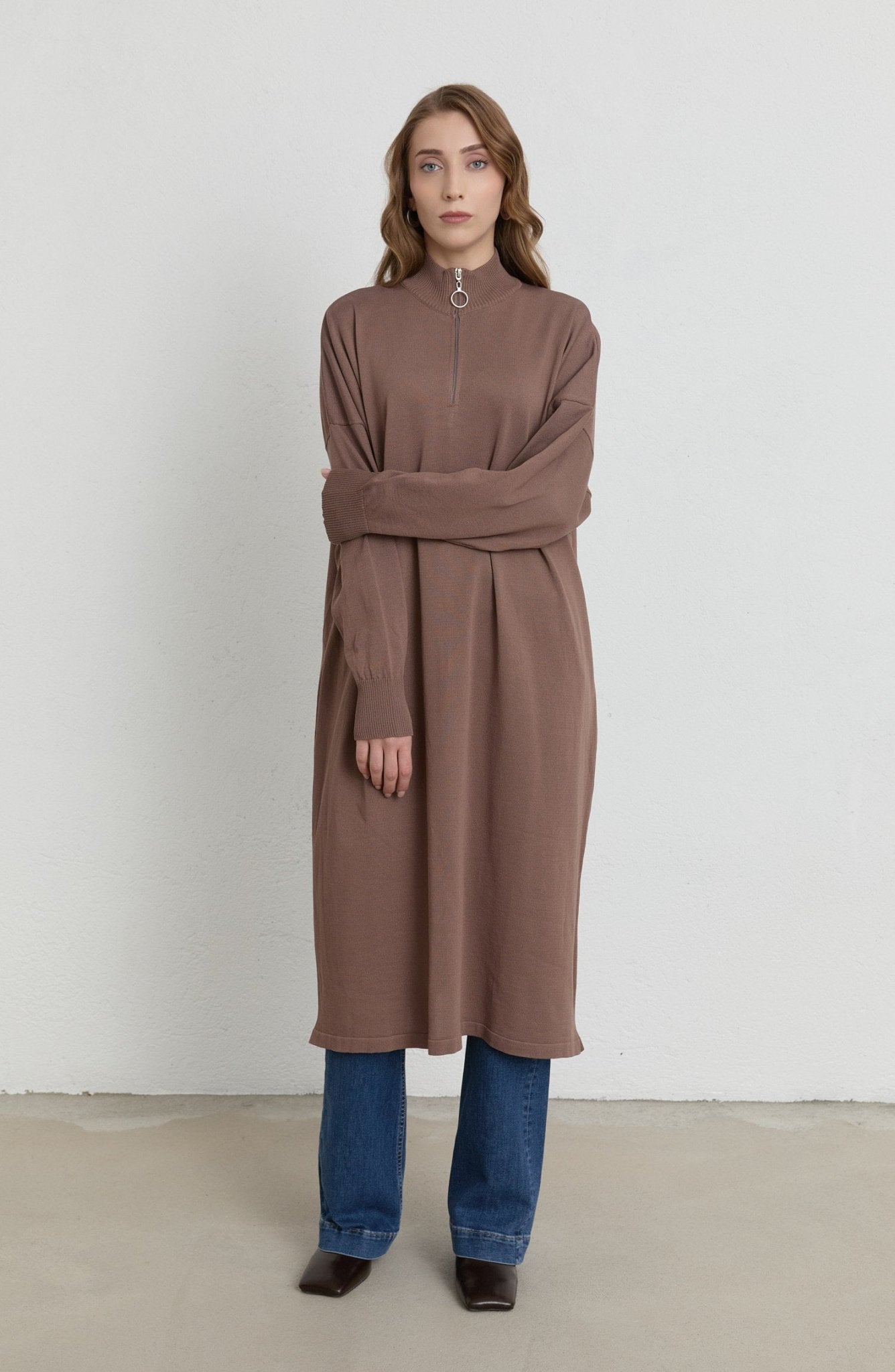 Fermuarlı Mocha Maksi Merserize Triko Tunik - Fatma Atasoy