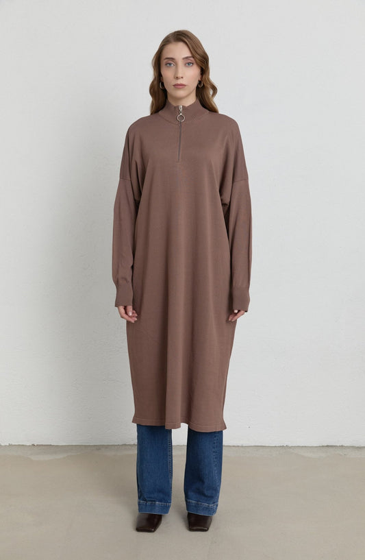 Fermuarlı Mocha Maksi Merserize Triko Tunik - Fatma Atasoy