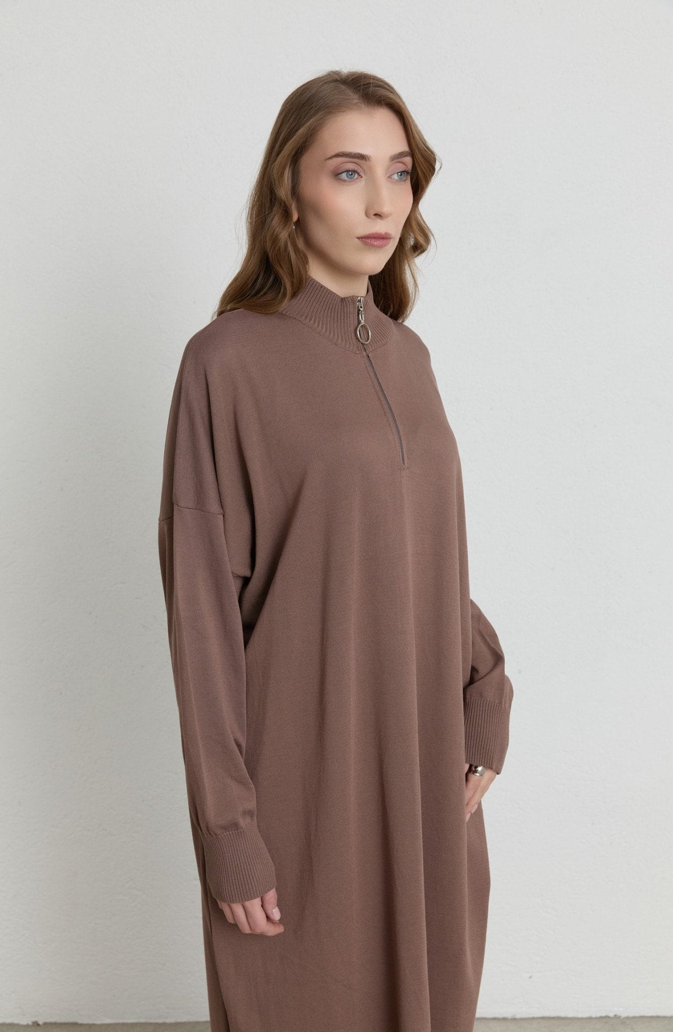 Fermuarlı Mocha Maksi Merserize Triko Tunik - Fatma Atasoy