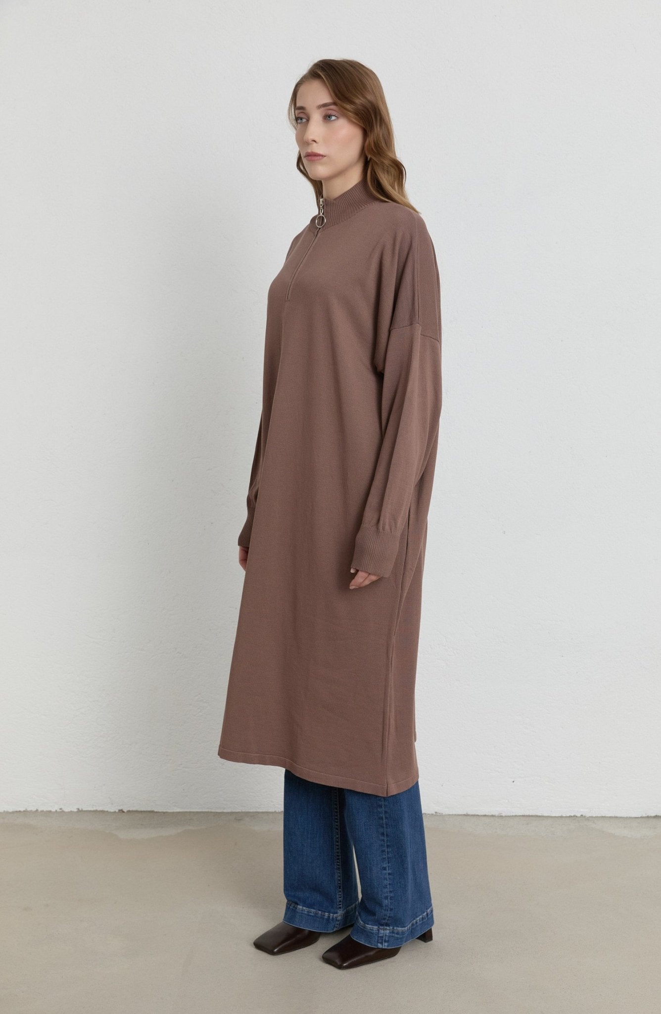 Fermuarlı Mocha Maksi Merserize Triko Tunik - Fatma Atasoy