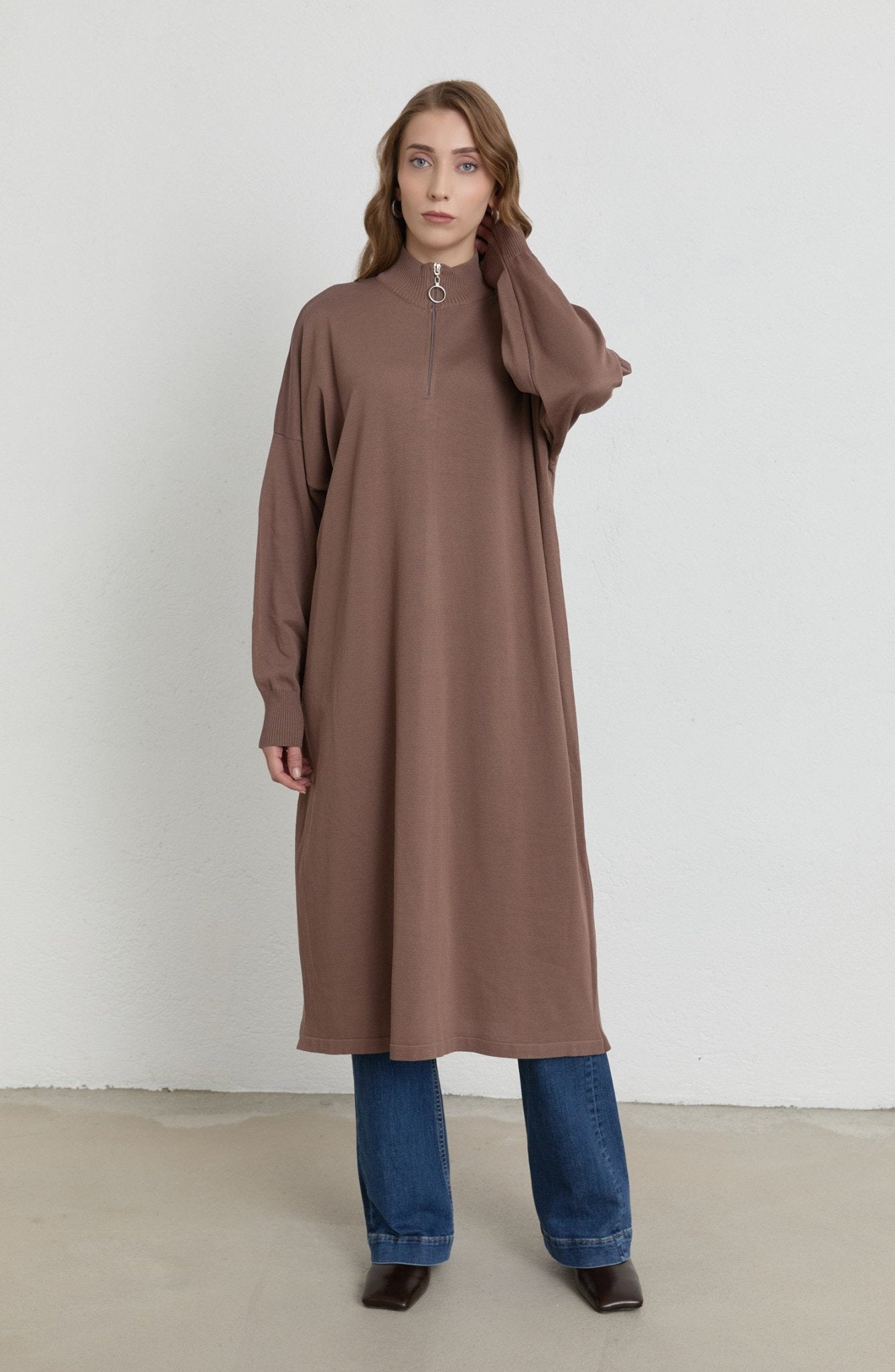 Fermuarlı Mocha Maksi Merserize Triko Tunik - Fatma Atasoy