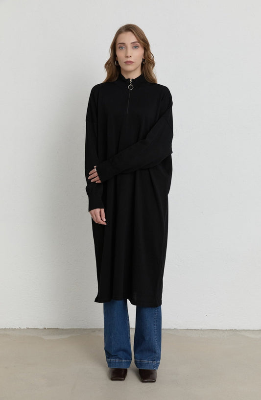 Fermuarlı Siyah Maksi Merserize Triko Tunik - Fatma Atasoy