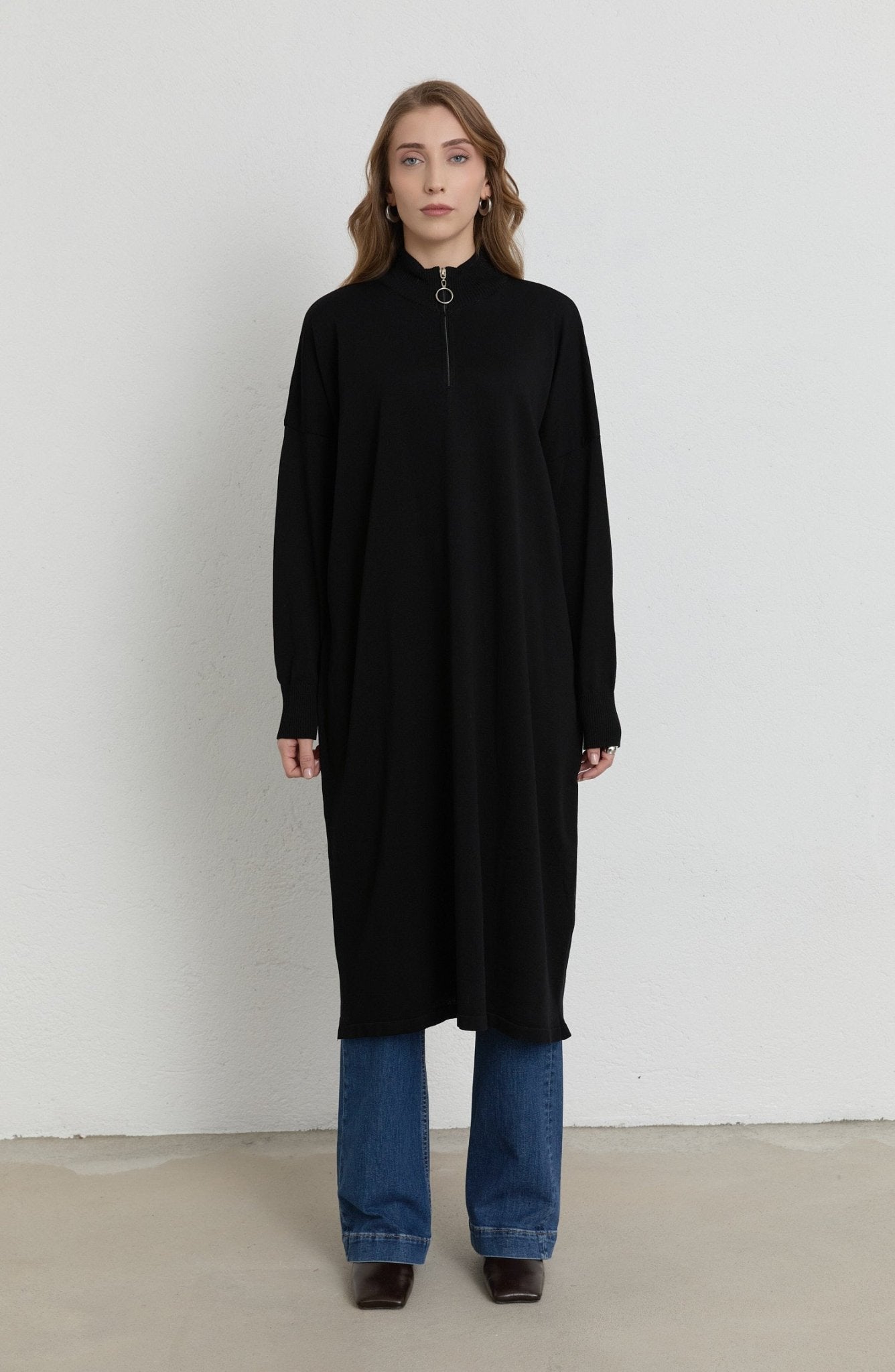 Fermuarlı Siyah Maksi Merserize Triko Tunik - Fatma Atasoy