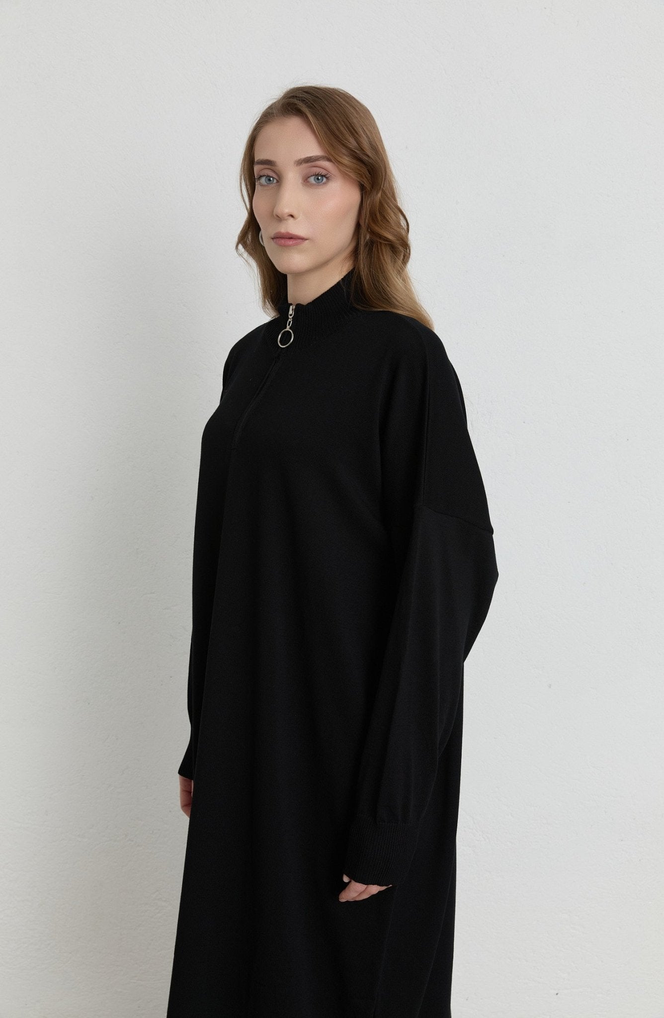 Fermuarlı Siyah Maksi Merserize Triko Tunik - Fatma Atasoy