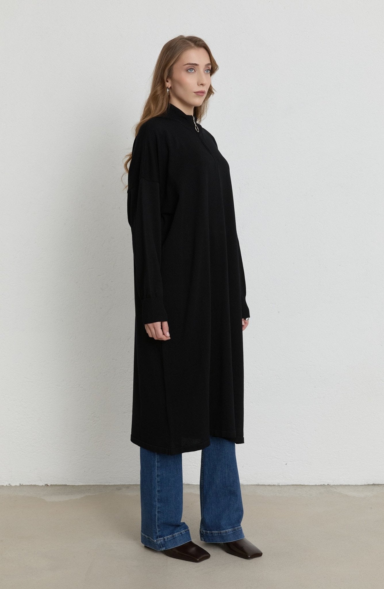 Fermuarlı Siyah Maksi Merserize Triko Tunik - Fatma Atasoy