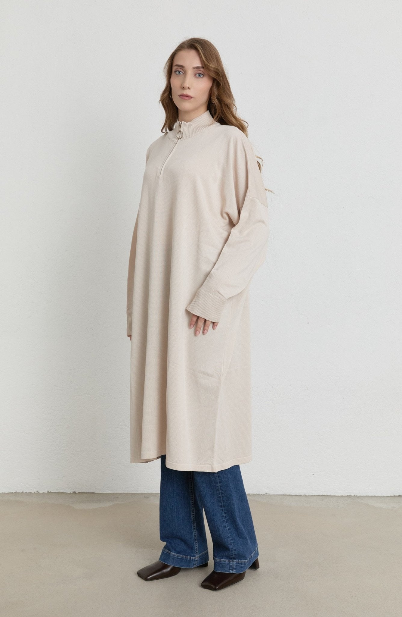 Fermuarlı Taş Maksi Merserize Triko Tunik - Fatma Atasoy