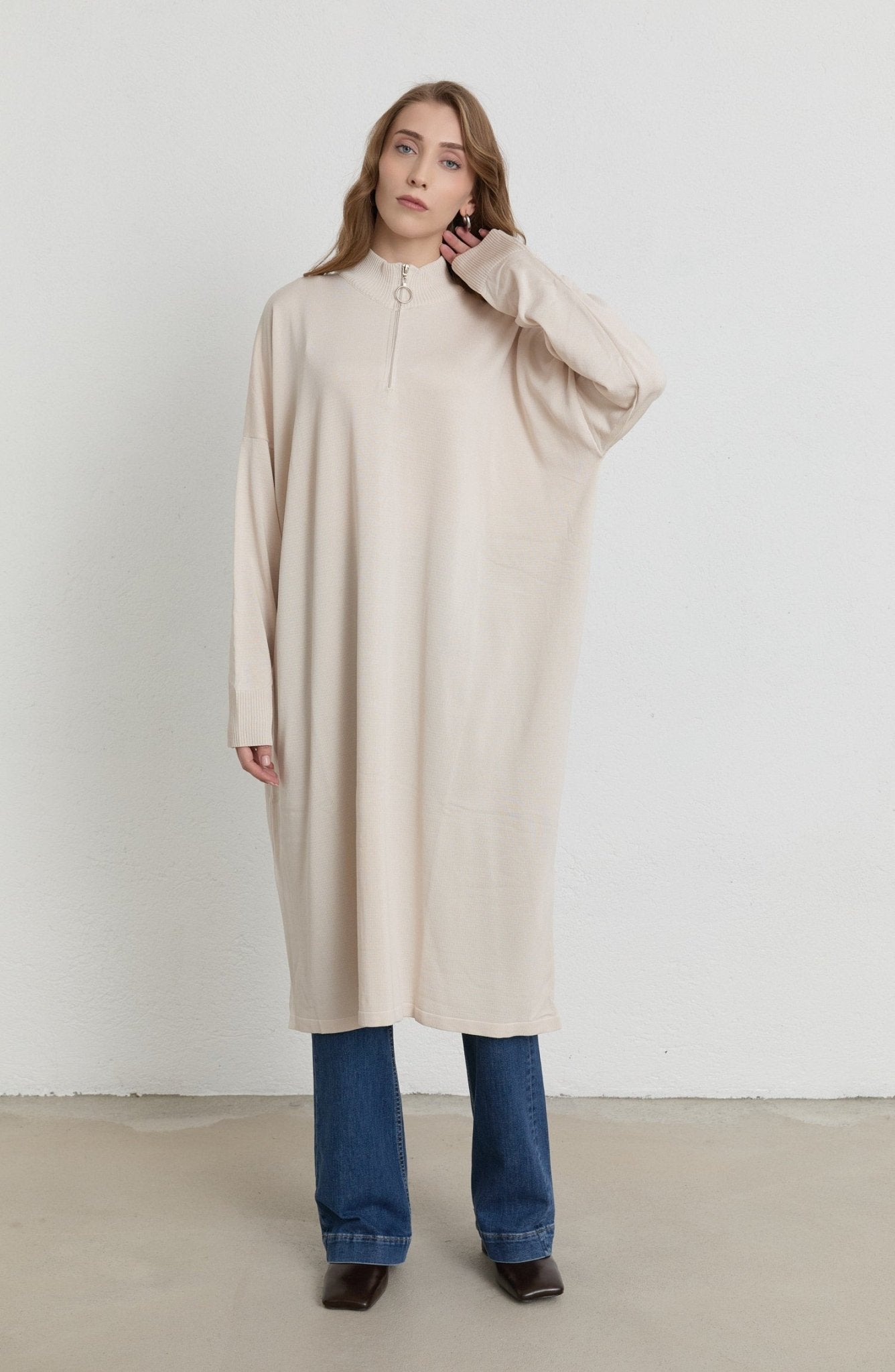 Fermuarlı Taş Maksi Merserize Triko Tunik - Fatma Atasoy