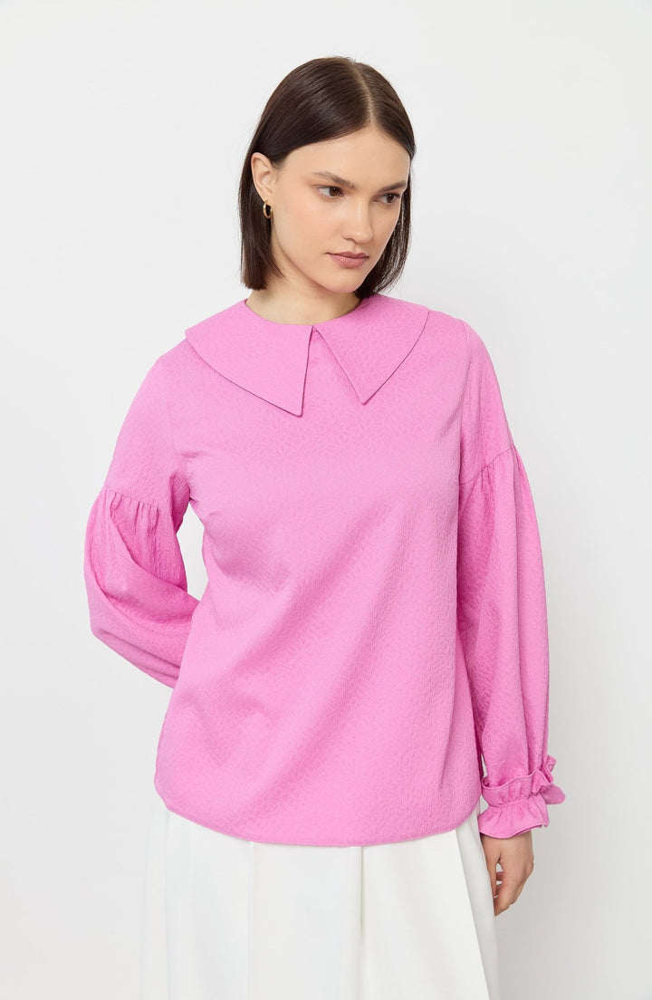 Fırfır Manşetli Pembe Gofre Bluz - Fatma Atasoy
