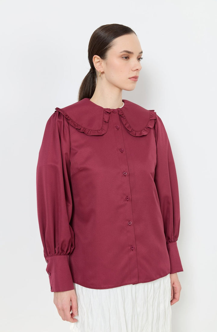 Fırfır Yaka Bordo Basic Gömlek - Fatma Atasoy