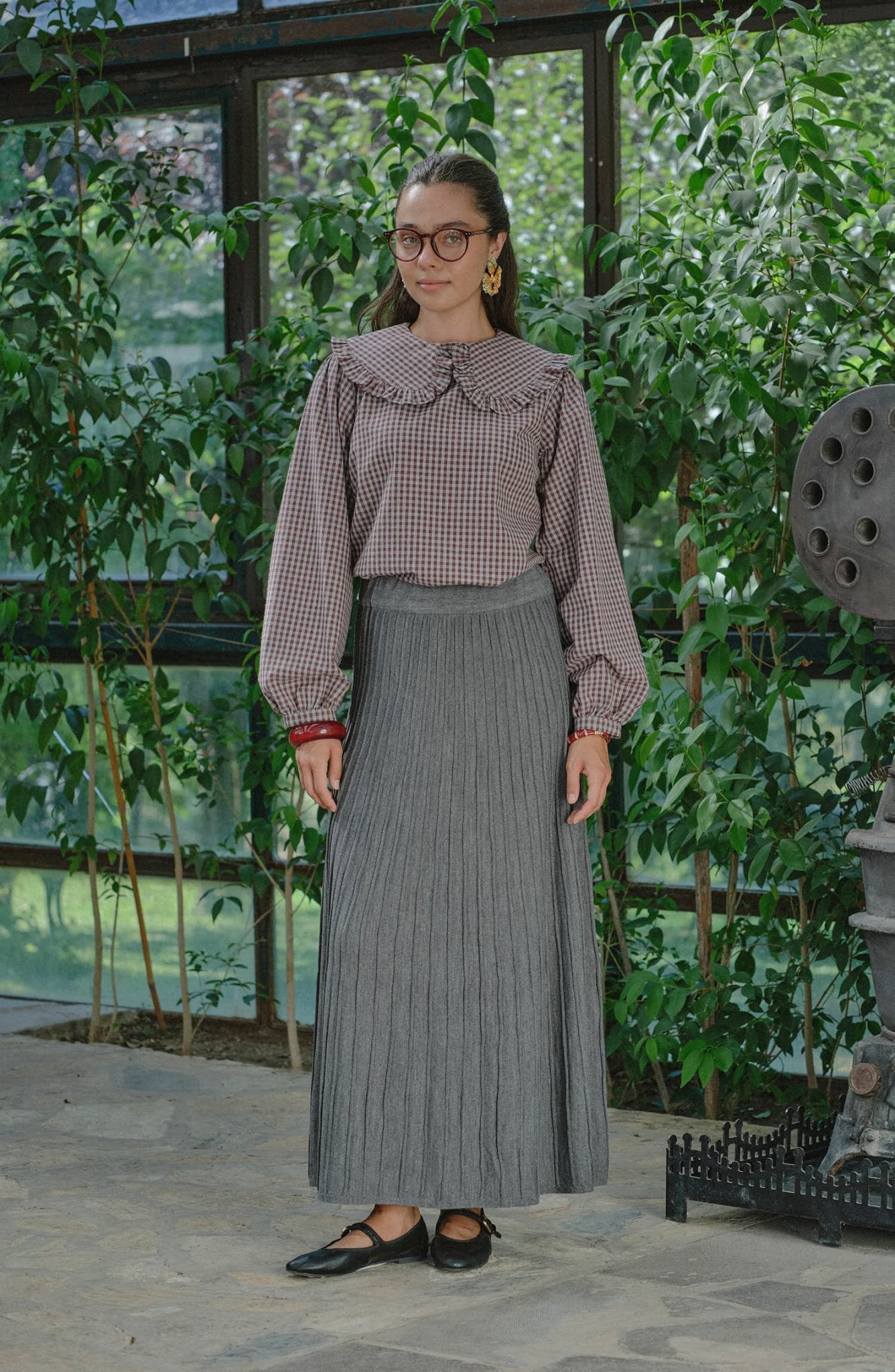 Fırfır Yaka Bordo Minikareli Bluz - Fatma Atasoy