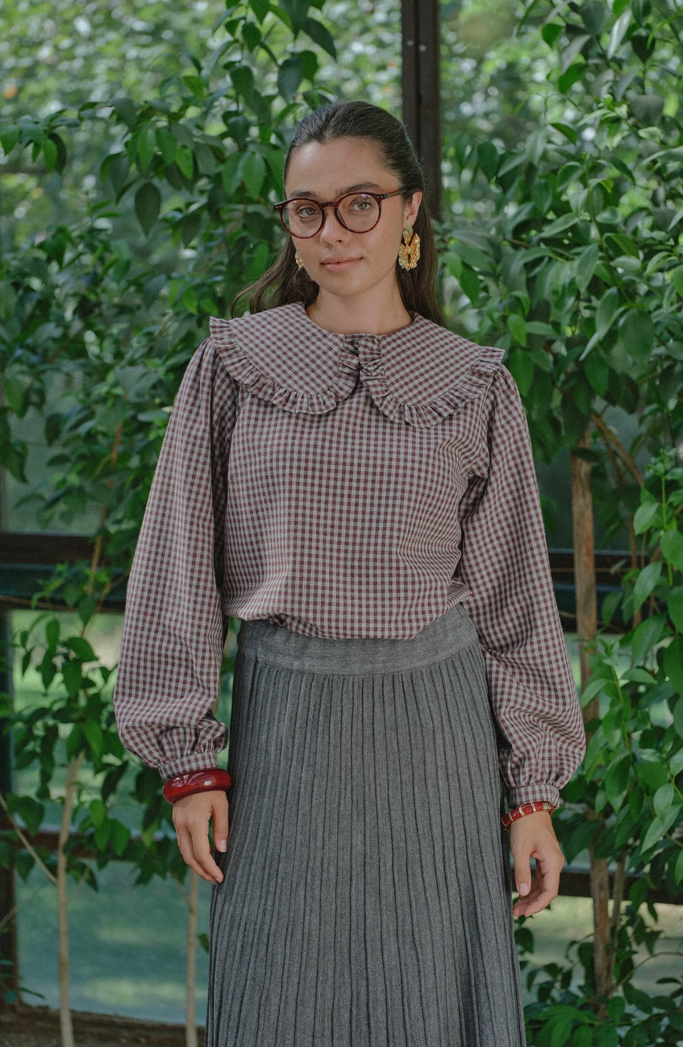Fırfır Yaka Bordo Minikareli Bluz - Fatma Atasoy