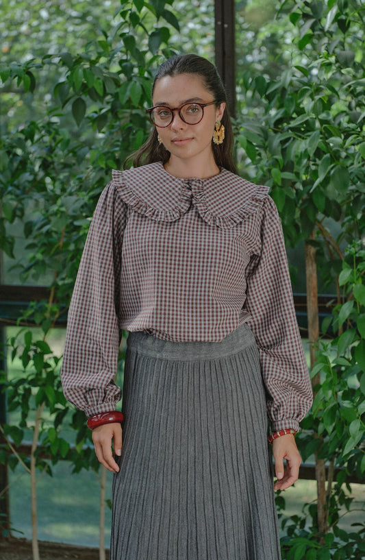 Fırfır Yaka Bordo Minikareli Bluz - Fatma Atasoy