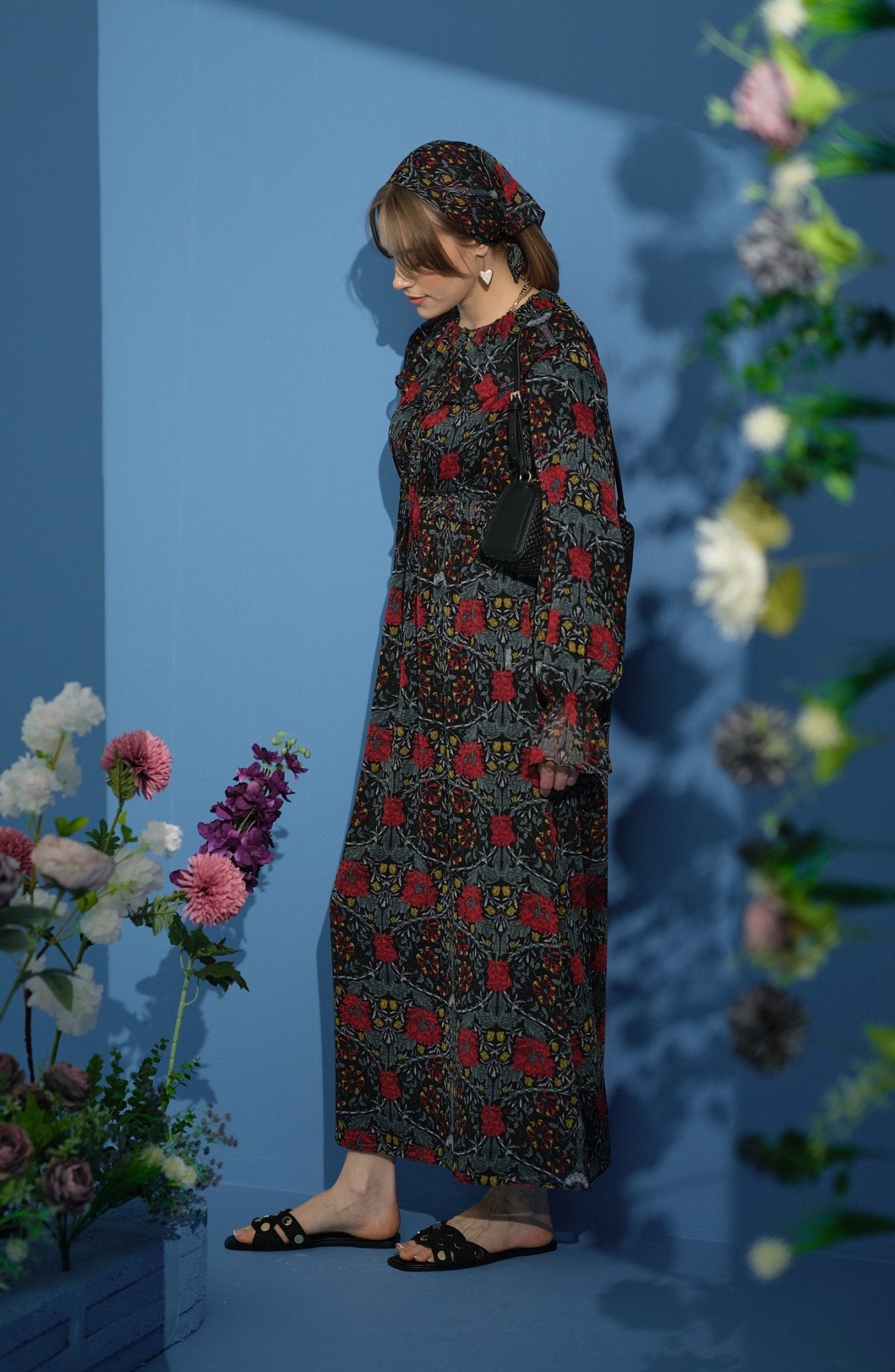 Fırfır Yaka Floral Şifon Kırmızı Elbise - Fatma Atasoy