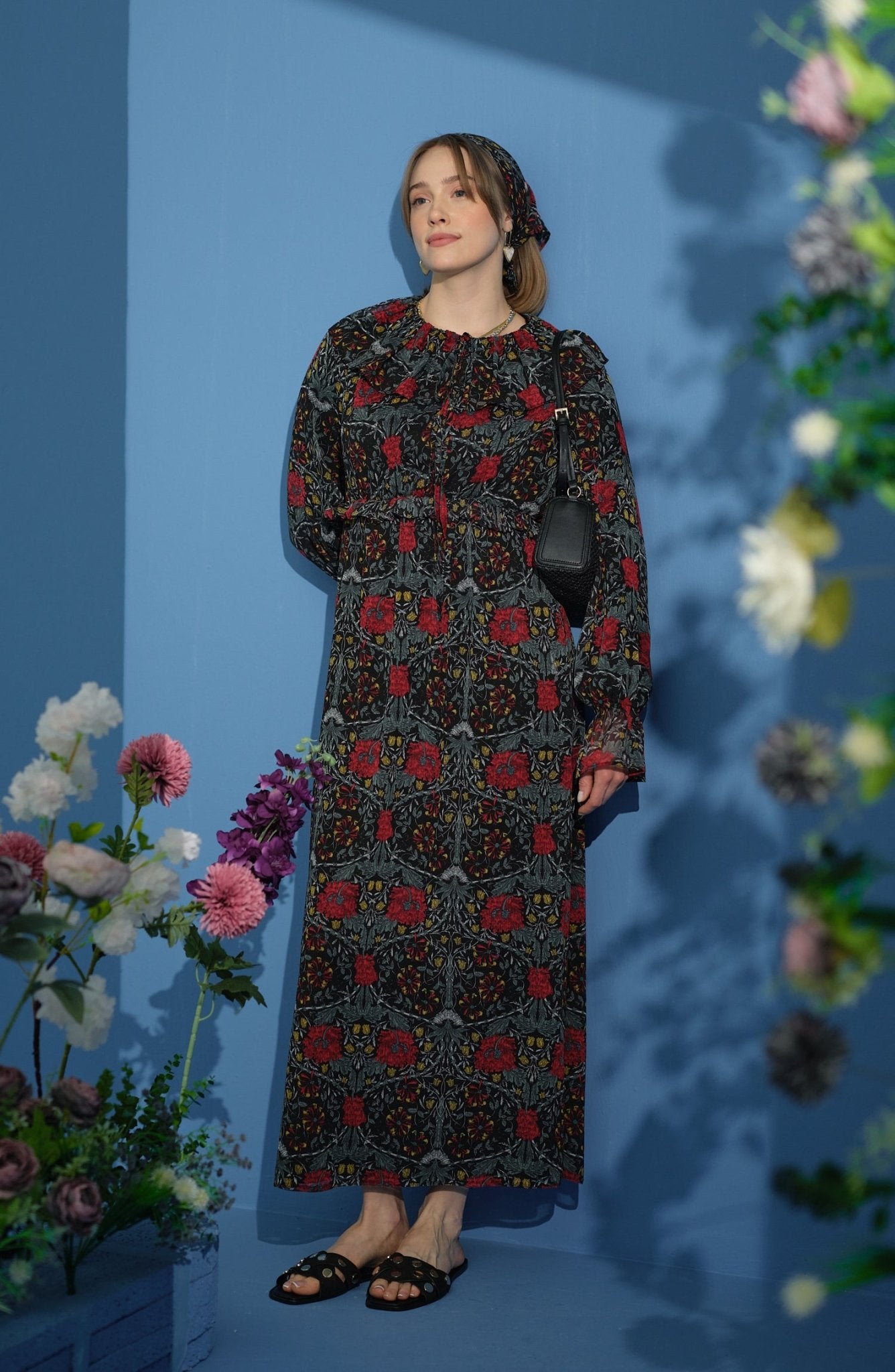 Fırfır Yaka Floral Şifon Kırmızı Elbise - Fatma Atasoy