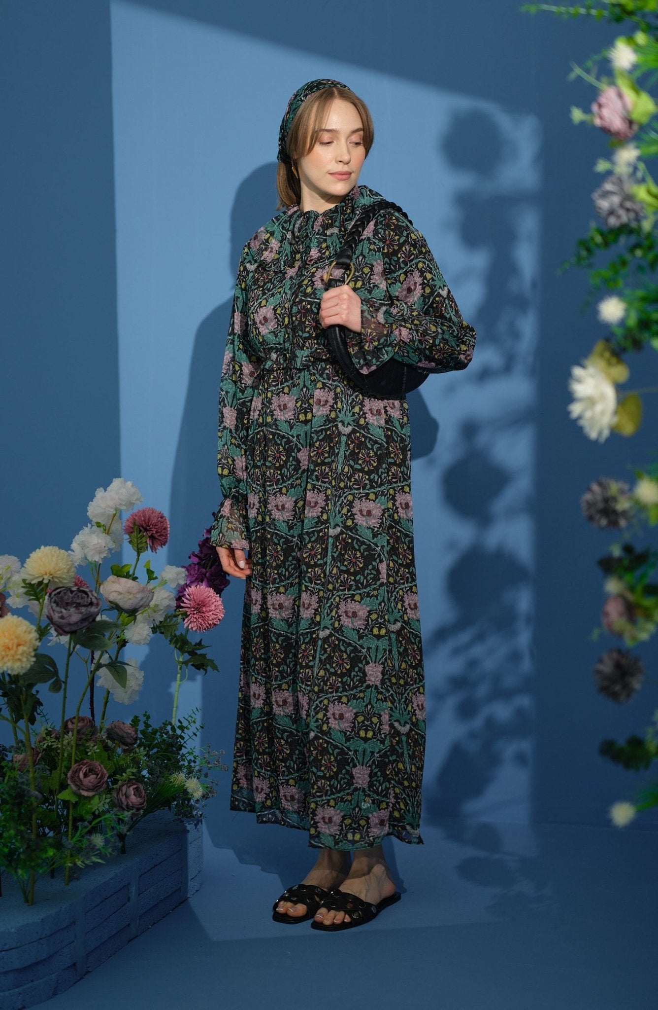 Fırfır Yaka Floral Şifon Lila Elbise - Fatma Atasoy