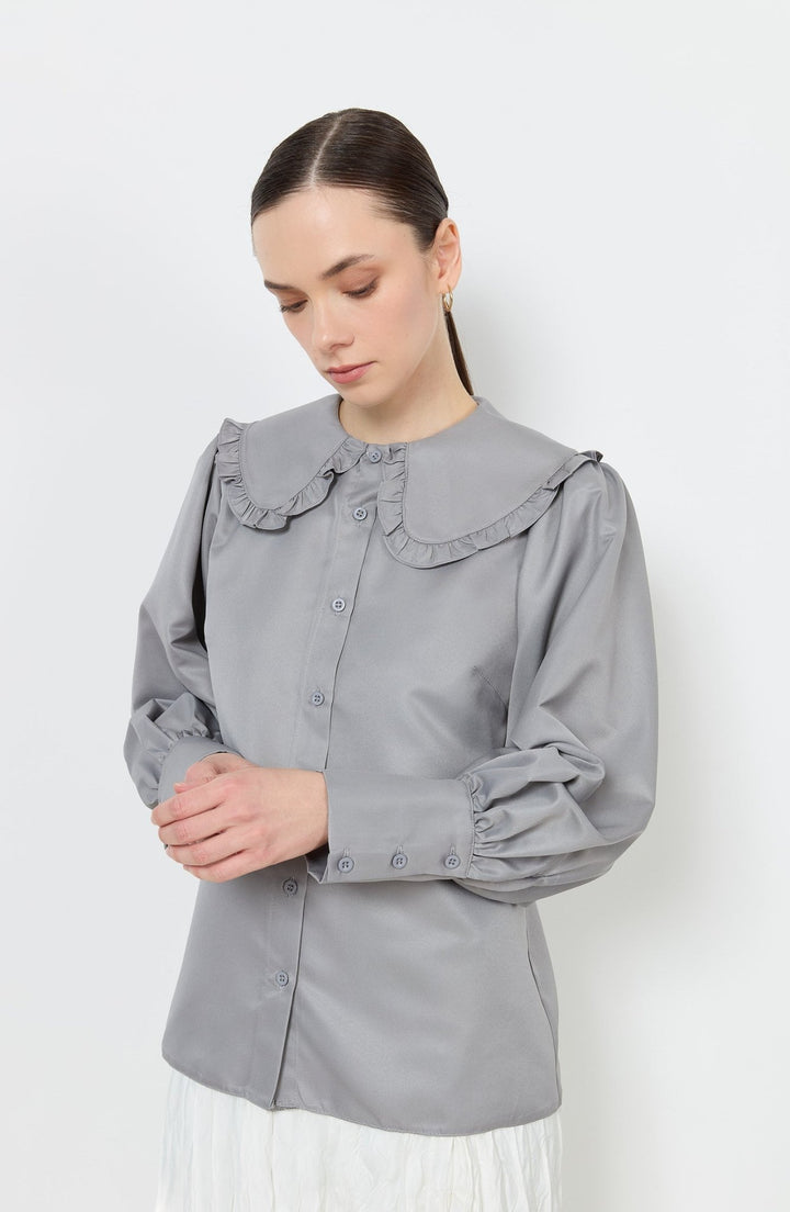 Fırfır Yaka Gri Basic Gömlek - Fatma Atasoy