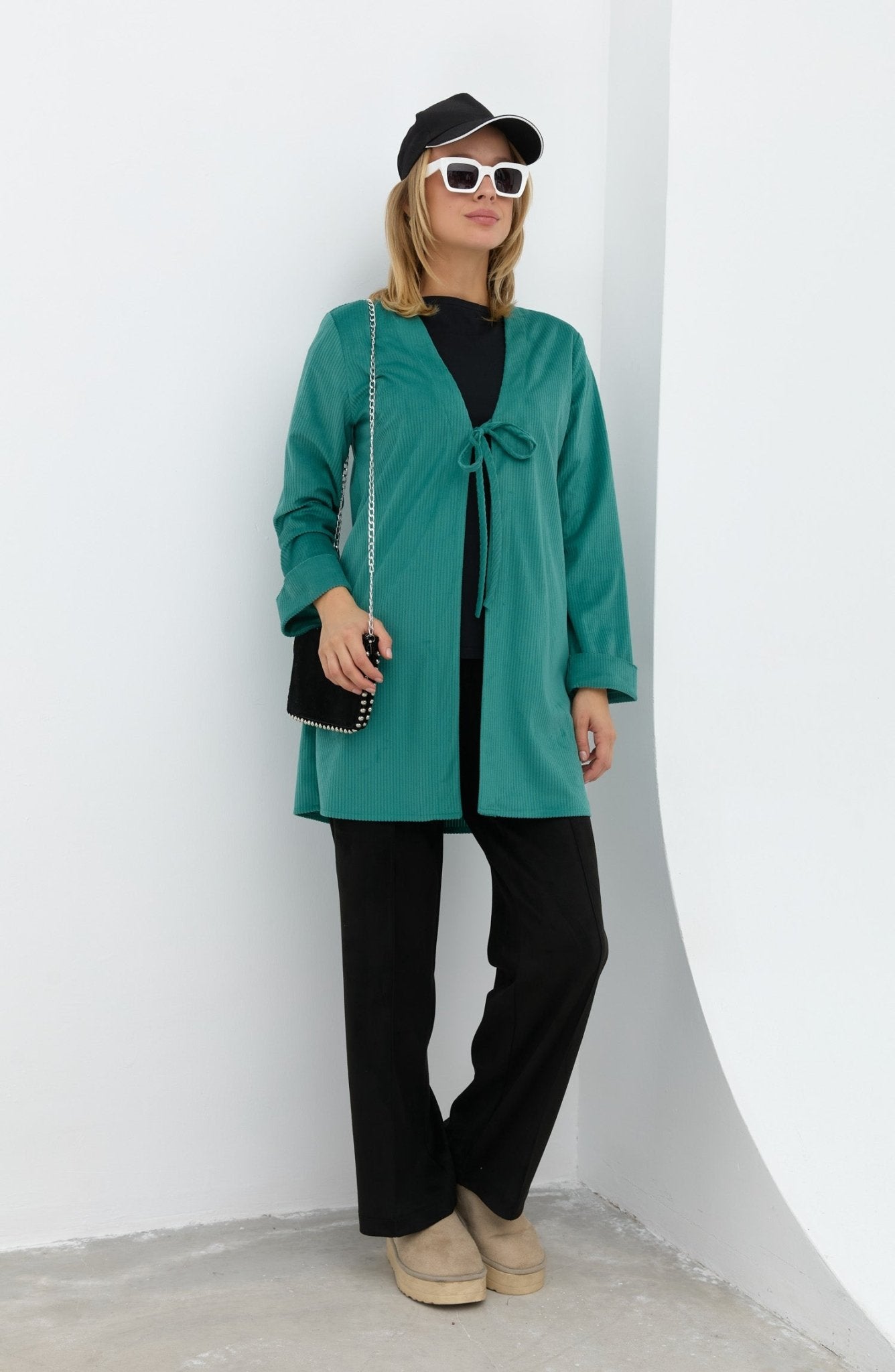 Fitilli Kadife Bağlamalı Mint Kimono - Fatma Atasoy