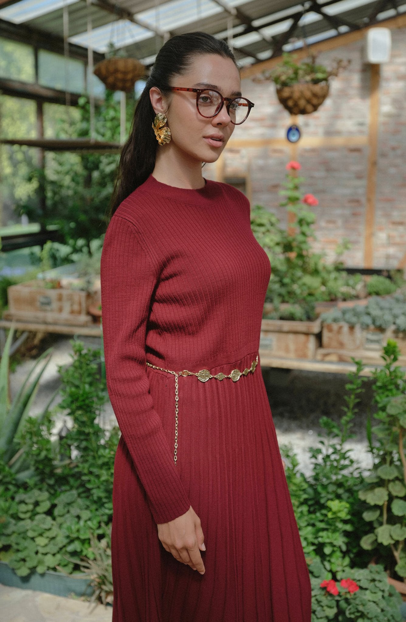 Fitilli Pileli Bordo Triko Elbise - Fatma Atasoy