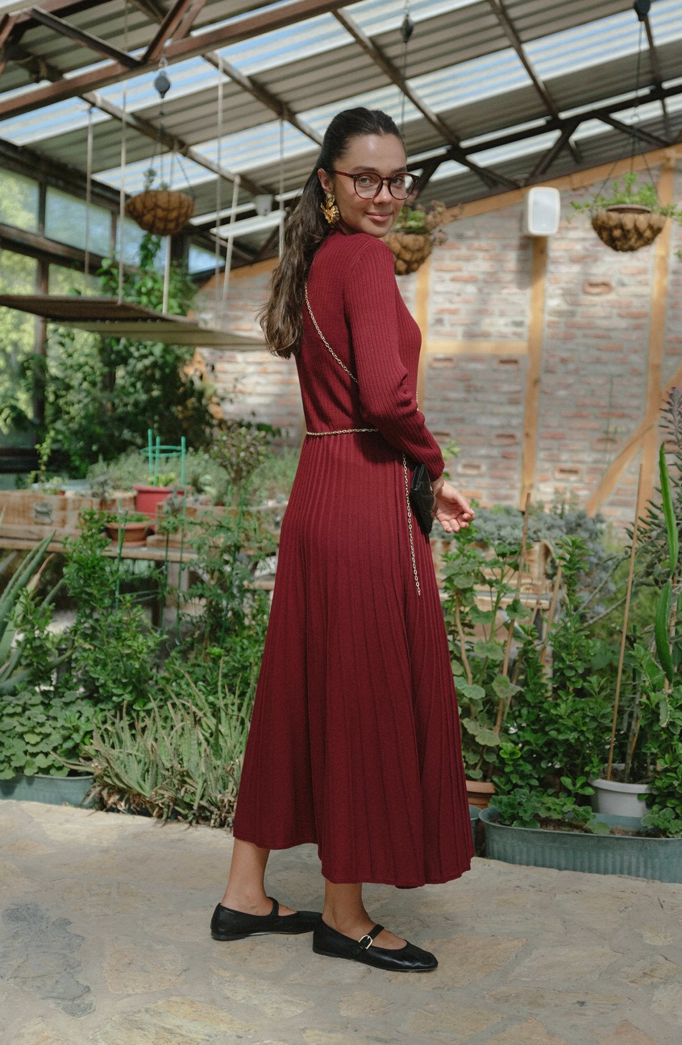Fitilli Pileli Bordo Triko Elbise - Fatma Atasoy